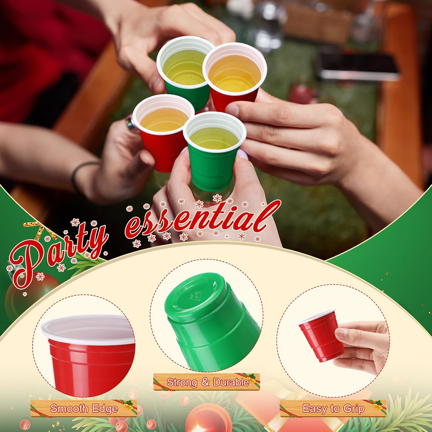 LemonRoad 50 Count 2 oz Christmas Mini Disposable Cups Plastic Shot Glasses for Party Red and Green Drinking Cups for Christmas Beverage Winter Holiday Camping Picnic Supply