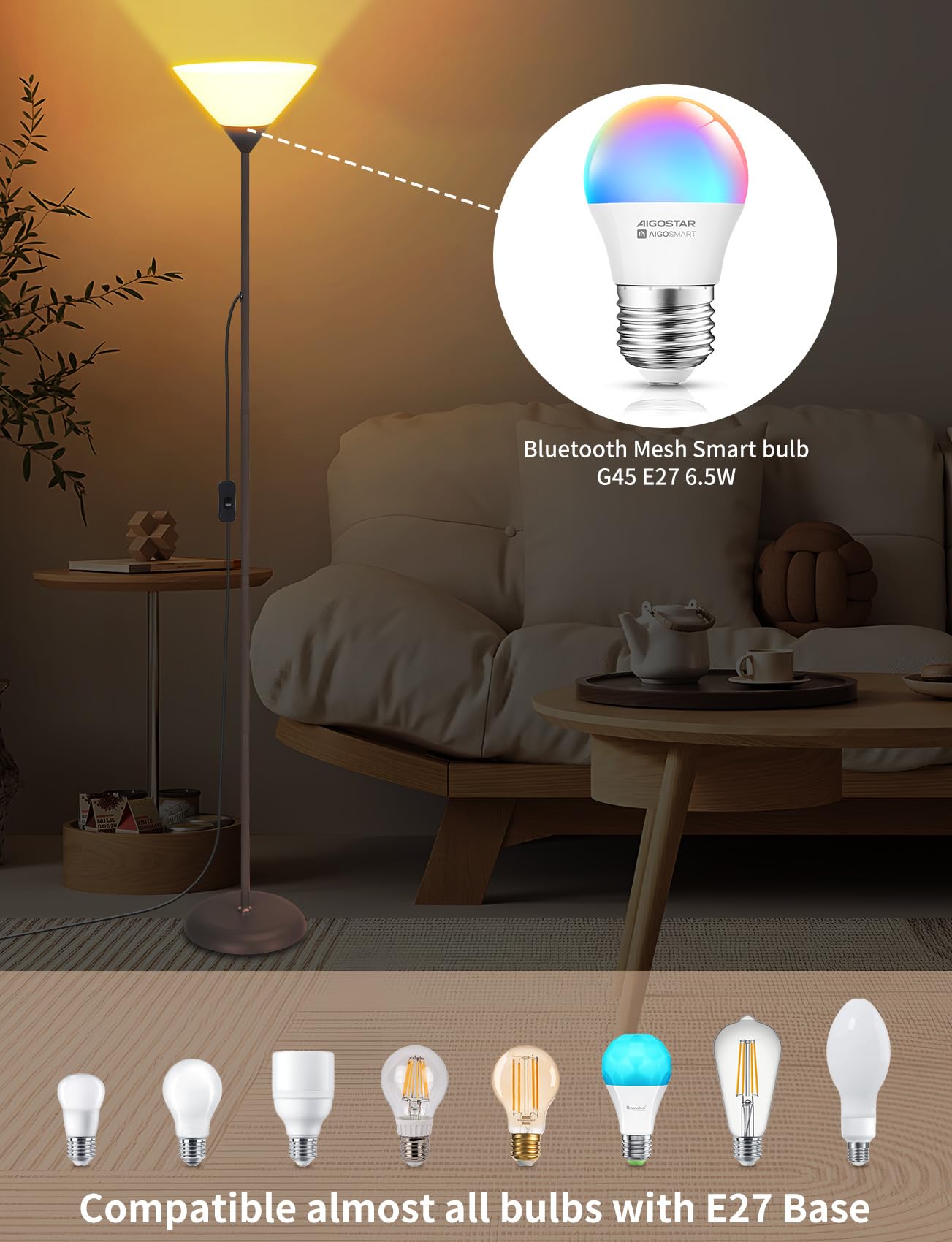 Aigostar Lámpara de Pie Moderna, con Mando a Distancia y Bluetooth Mesh G45 E27 Bombilla LED RGB & 2700K-6500K, Lámpara de Pie Regulable, Compatible con Alexa, 175 cm