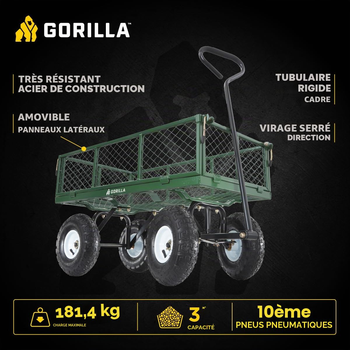 Gorilla Chariots Chariot de Jardin en Acier avec Panneaux latéraux Amovibles avec Une capacité de 181,4 Kilogram, Vert