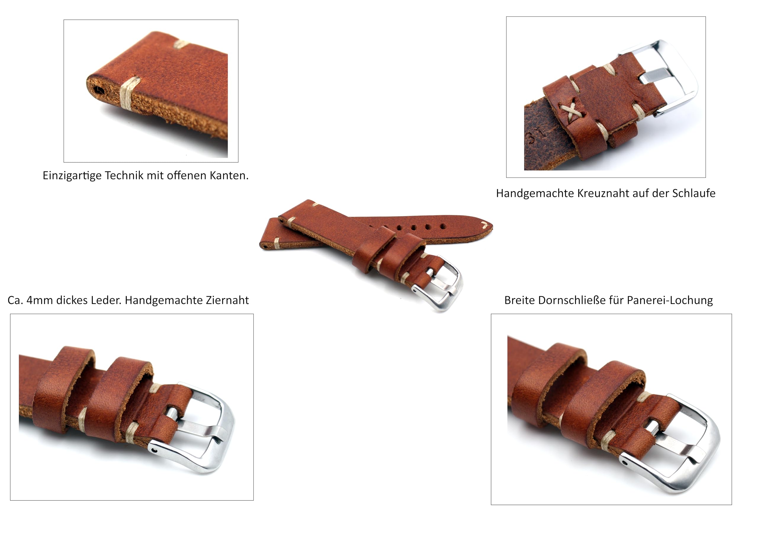Sulla Tiber bracelet de montre vintage en cuir bovin avec boucle ardillon | Fabriqué en Allemagne, cuir bovin brossé, couture contrastante et style vintage
