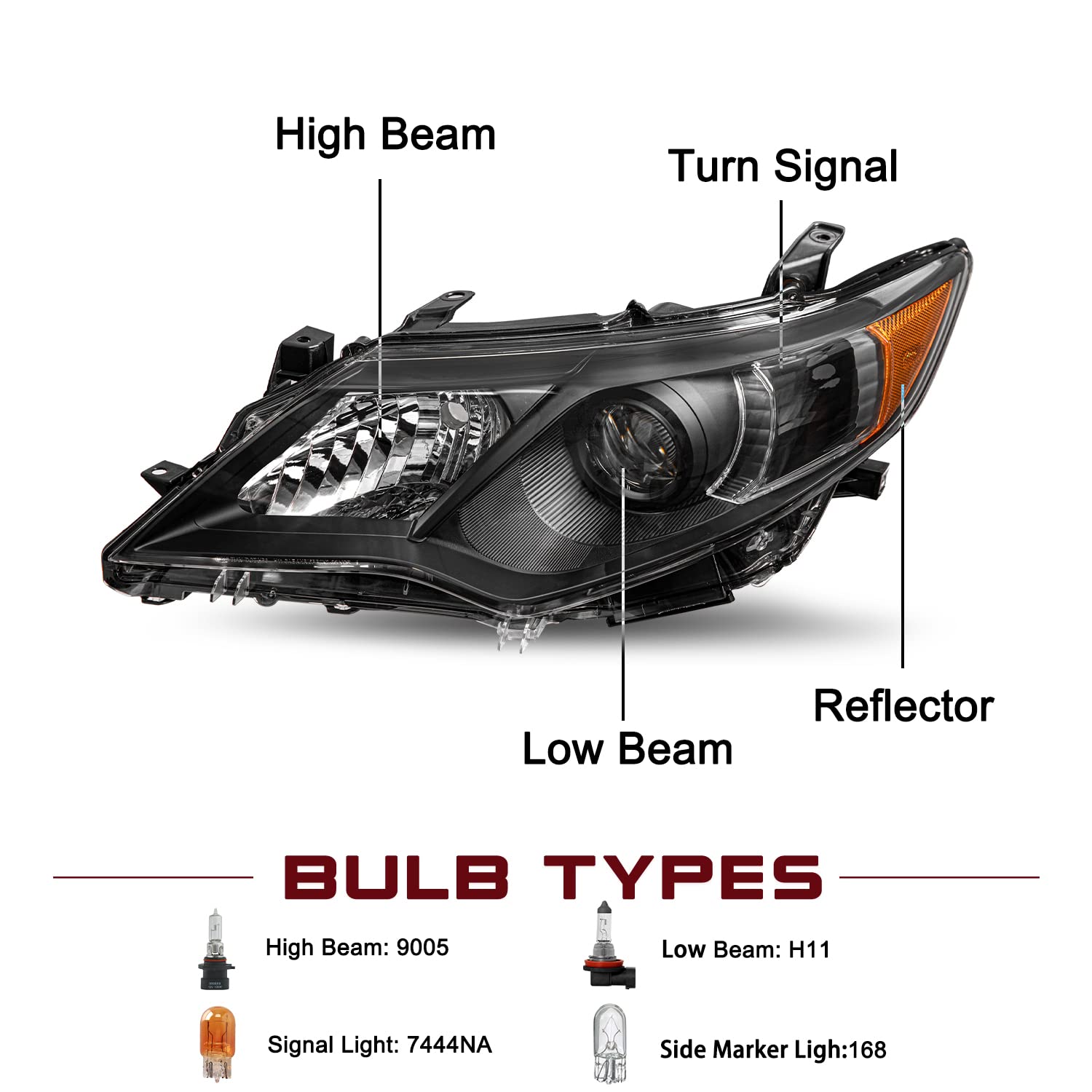 JSBOYAT Projector Headlight Assembly Replacement for 2012 2013 2014 Toyota Camry SELLEXLEHybrid Headlamp Driver Passenger SideBlack Housing & Amber Reflector product thumbnail 4
