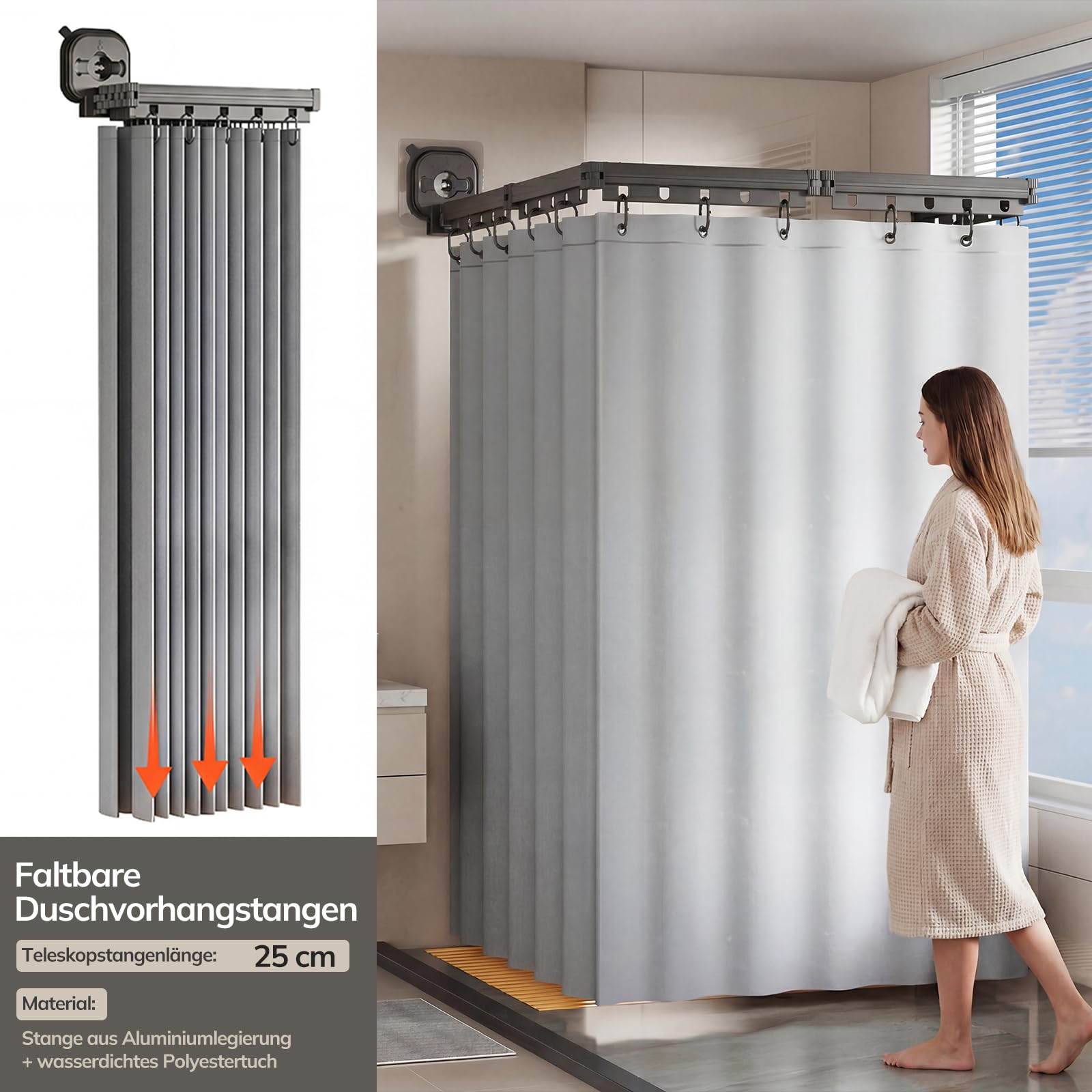 Rideau De Douche Sans Perçage, Tringle à Rideau De Douche Pliable Avec Ventouses, Rideau Douche (1,8x2m), Tige d'Angle avec Anneaux, pour Salles de Bain, Baignoire, Vestiaires(noir, 4 Plis)