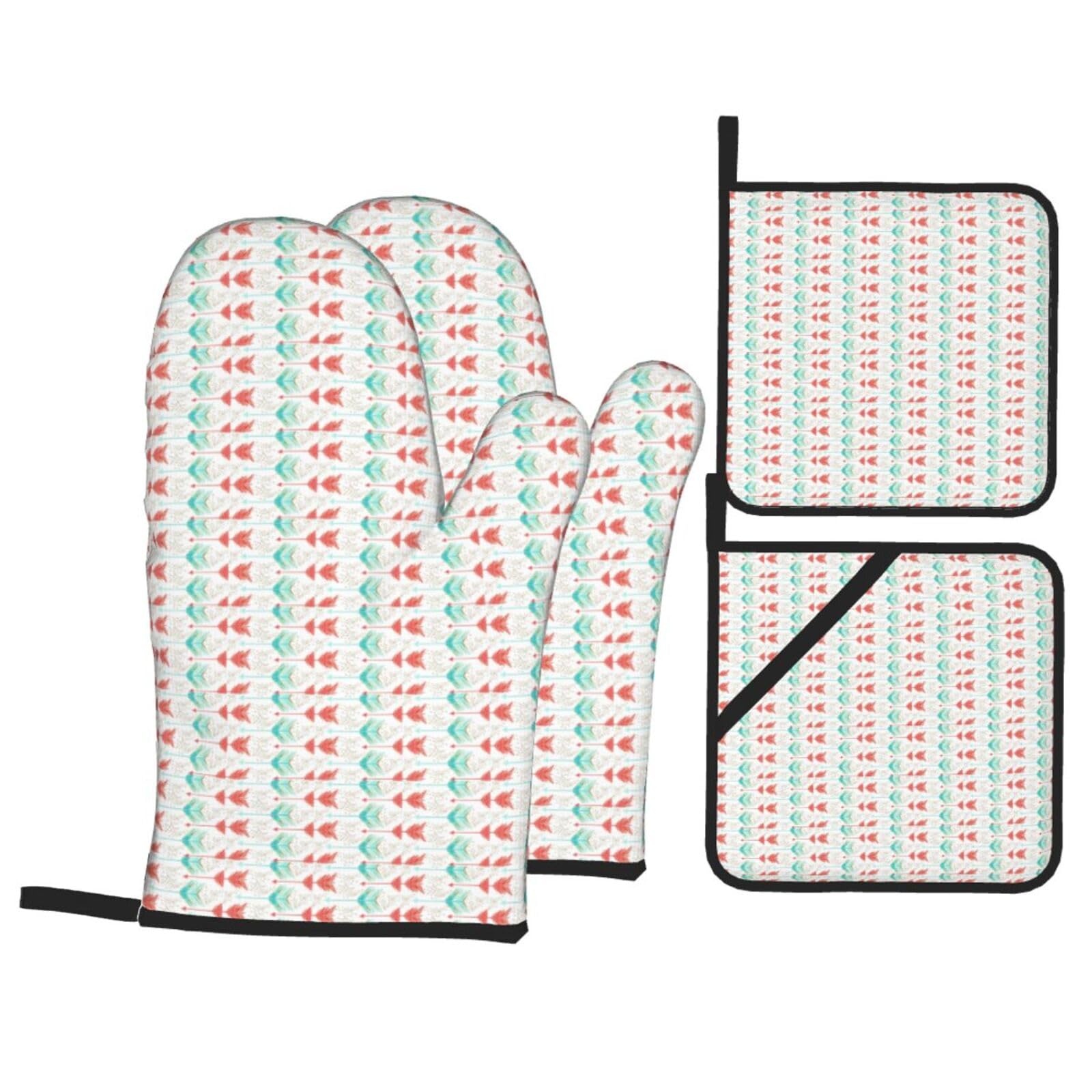 Coral And Teal Arrows Print Stylish Heat-Resistant Oven 4-Piece Set Kitchen Gloves Roasting Daily Cooking