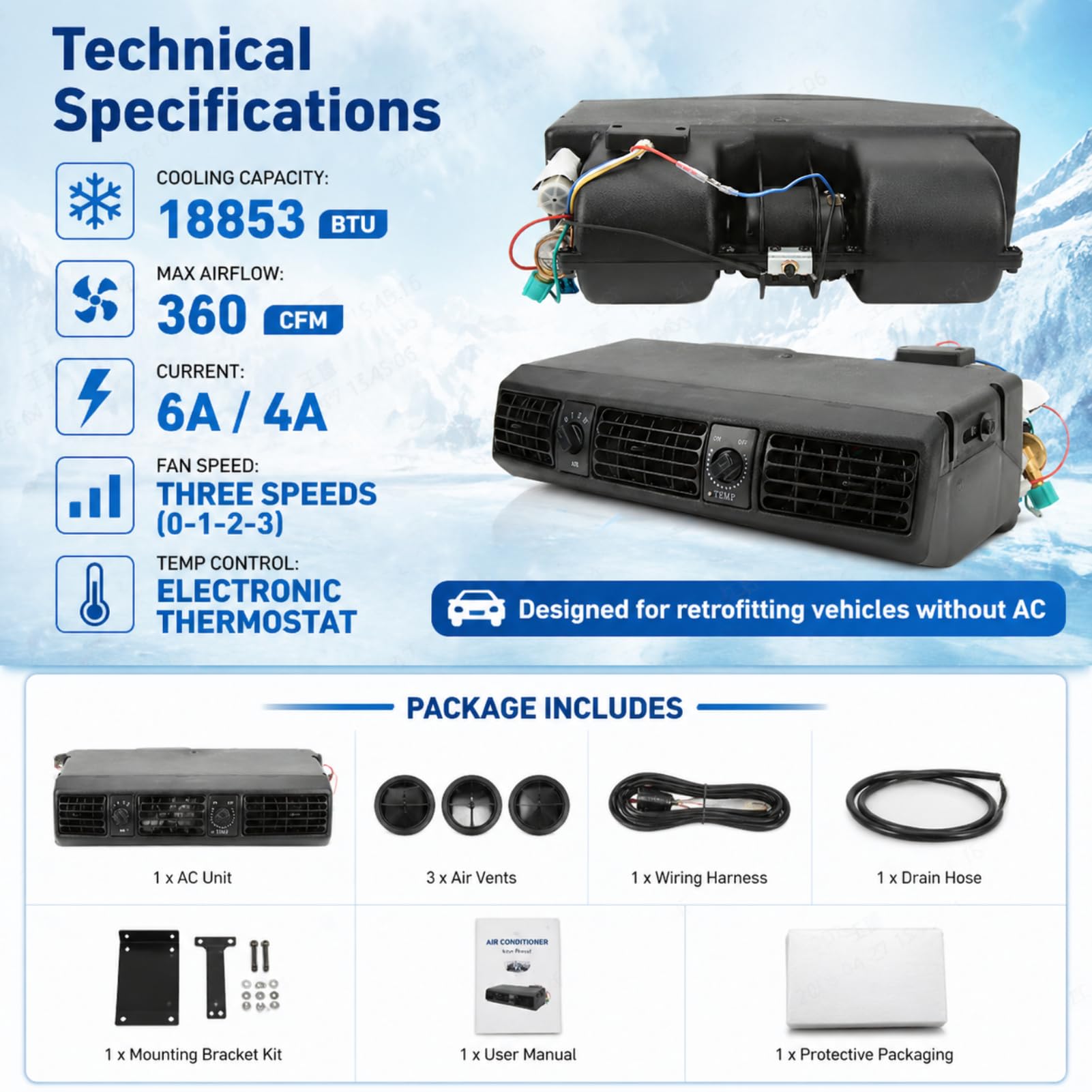 Evaporatore Universale 360CFM 12V per Condizionatore d'Aria Sotto il Cruscotto per Camper Furgoni