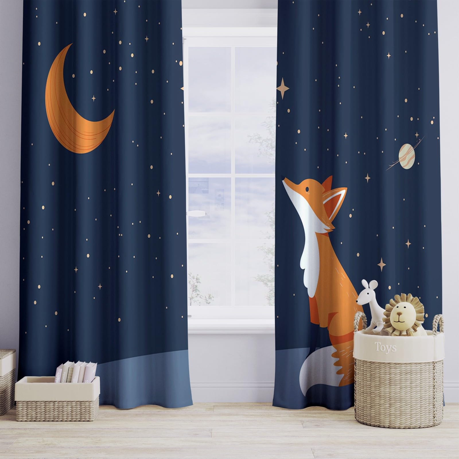 Wärmeisoliert Abdunkelnd LichtundurchlässigVorhänge Blau, Cartoon Fuchs Sternenhimmel Blickdicht Thermovorhang aus Polyester Privatsphäre Schützende Gardinen für Wohnzimmer, 214 x 183 cm