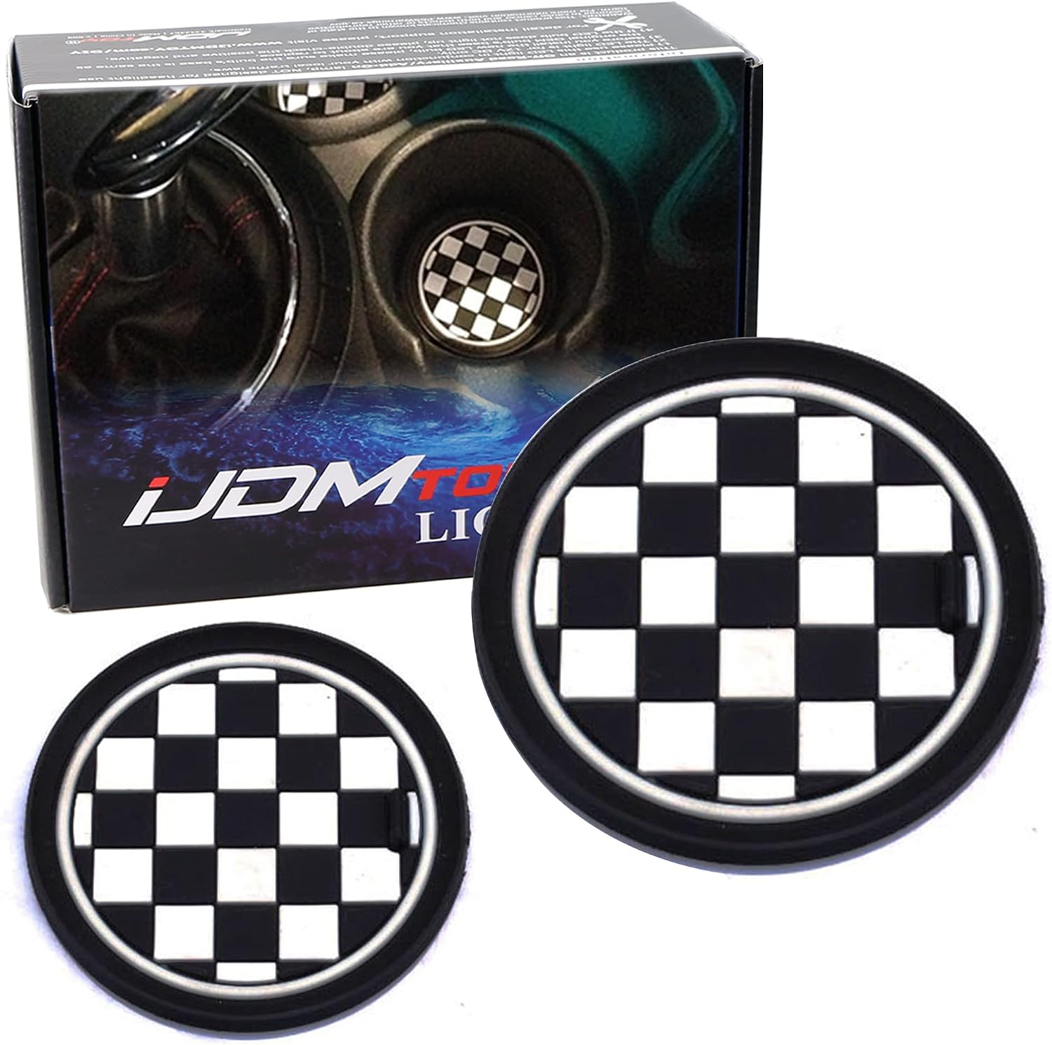 iJDMTOY Black/White 73mm Checker Pattern Style Silicone Insert Mats Compatible with MINI Cooper R55 R56 R57 R58 R59 Front Console Drink Holders
