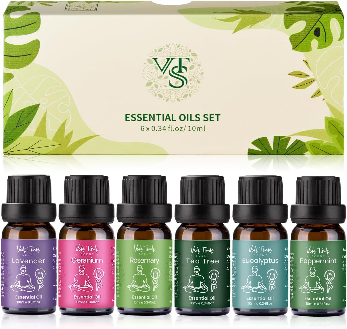 VTS Essential Oils Set (6 x 10ml) – Lavender, Peppermint, Eucalyptus, Tea Tree, Geranium, Rosemary, Aromatherapy Oils Gift Set for Home Diffusers, Skin & Hair Care, Soap & Candle Making, Humidifiers