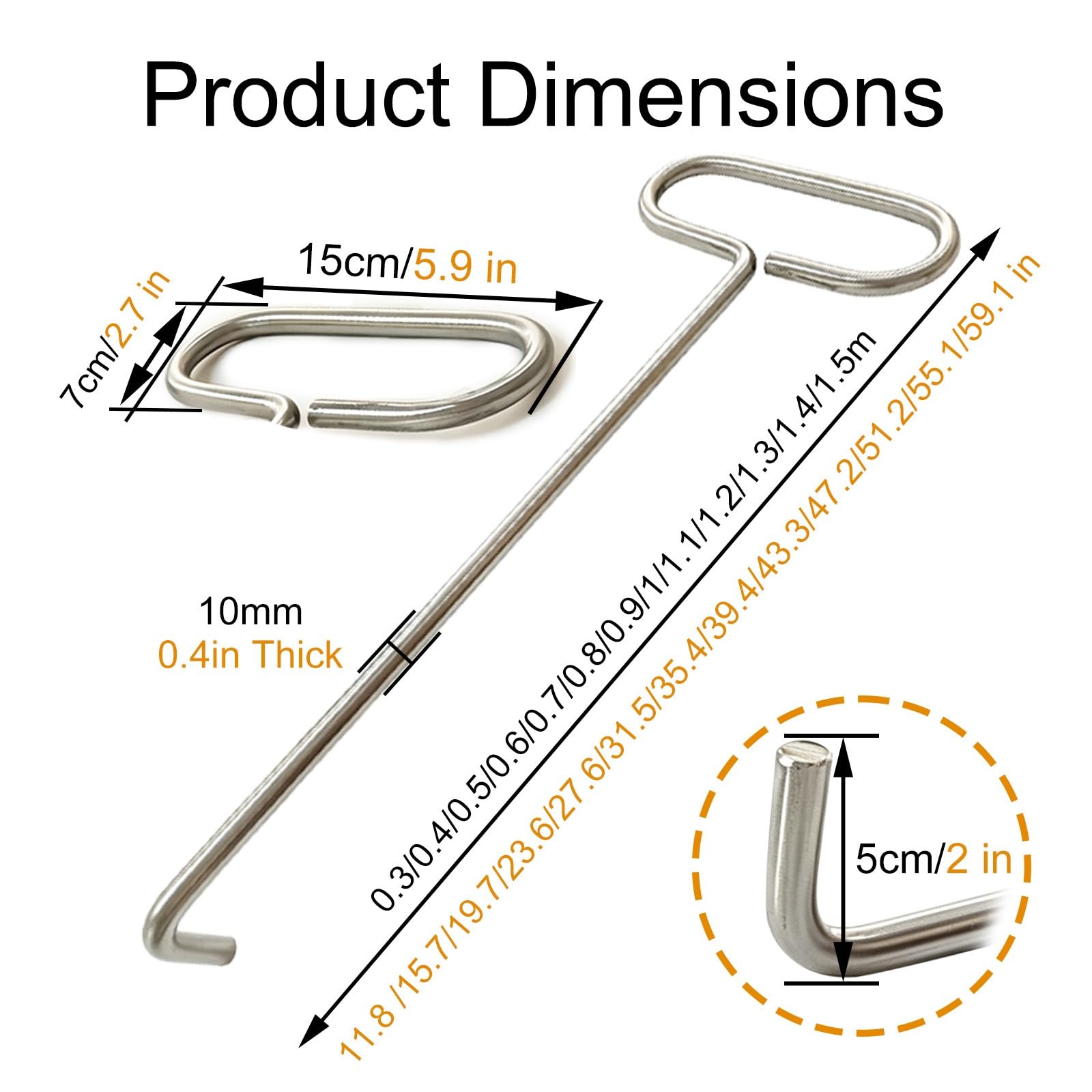 Gancho en J Romo de una Sola Pieza de 11 13/16 a 59 1/16 pulg. | Gancho de agarre ovalado sin soldadura de acero inoxidable 304 de 3/8 pulgadas(1.4m/55.1in)