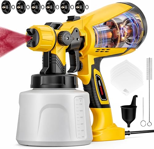 Pulverizador de pintura para interiores y exteriores, pistola eléctrica de pintura HVLP de mano de 1000 W con 3 patrones, 6 boquillas, fácil de