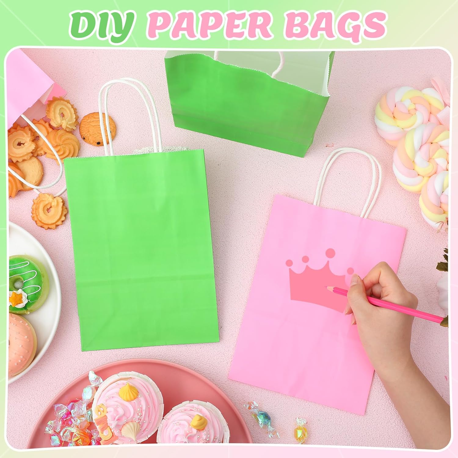 Kolldenn 24 Pcs Christmas Witch Party Gift Bags Pink and Green Treat Bag 6.3 x 3.15 x 8.7 '' Paper Favor Goodie Bags with Handle for Princess Baby Shower Birthday Party Supplies - Image 3