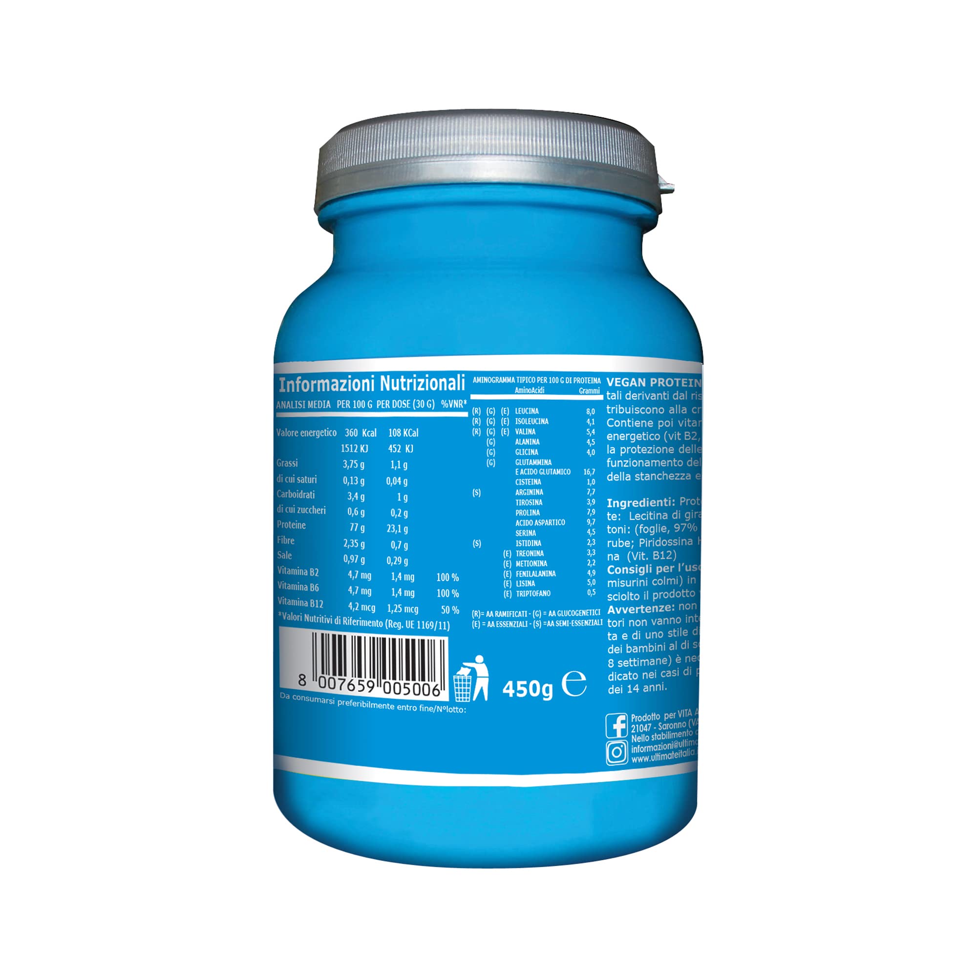 Vita al Top Ultimate Italia Vegan Proteine Gusto Crema/Biscotto, 450 Grammi
