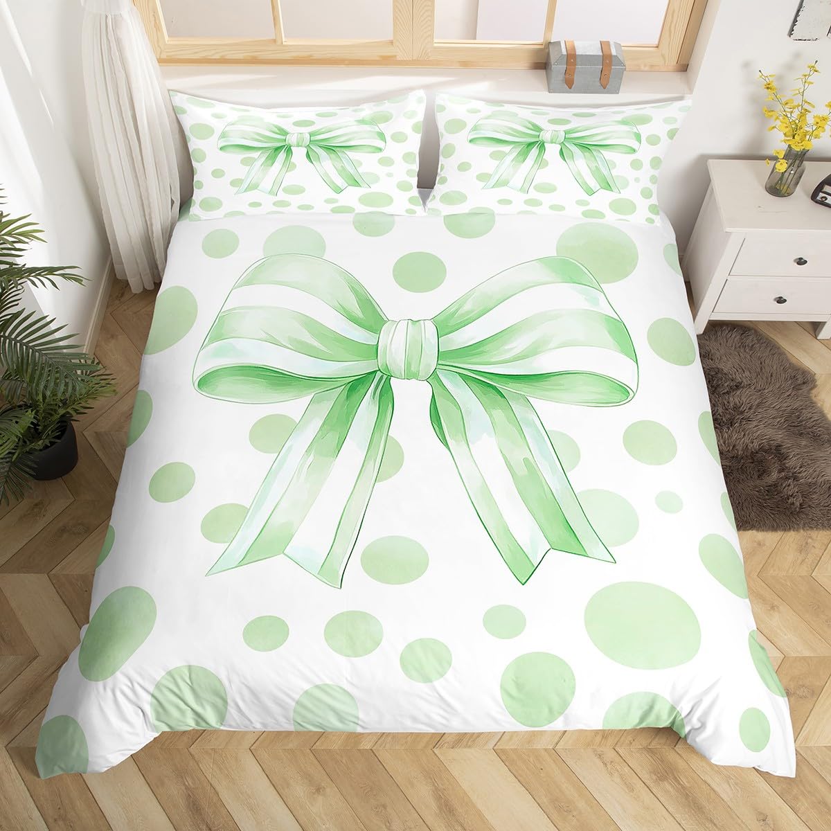 Manfei Cute Bow Duvet Cover Set Single Size, Green Dot Bowknot Bedding Set 2pcs, Kawaii Bow Tie Comforter Cover, Kids Girl Princess Room Decor, Lightweight Bedspread Cover, 1 Pillowcase, No Comforter โ image 1