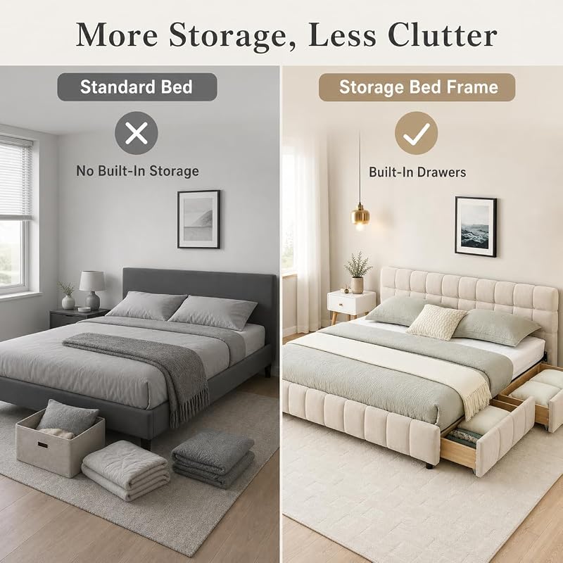 Upholstered Bed Frame, Storage Drawers, Headboard, Chenille, Modern, Beige image 7