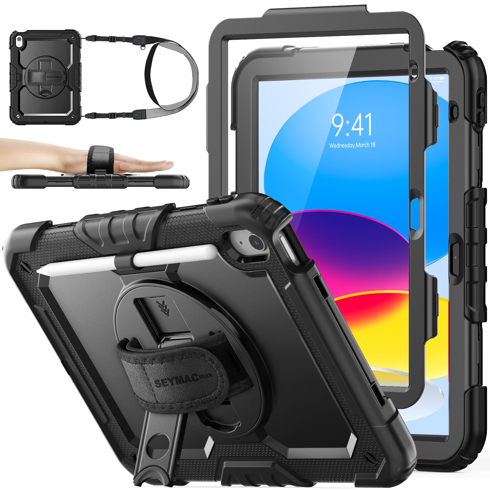 SEYMAC stock Coque pour iPad (A16) 11ème/10ème Génération 11/10,9 Pouces 2025/2022, Coque Antichoc avec Protecteur D'écran, Support Rotatif à 360°/Dragonne, Porte-Crayon et Bandoulière, Noir