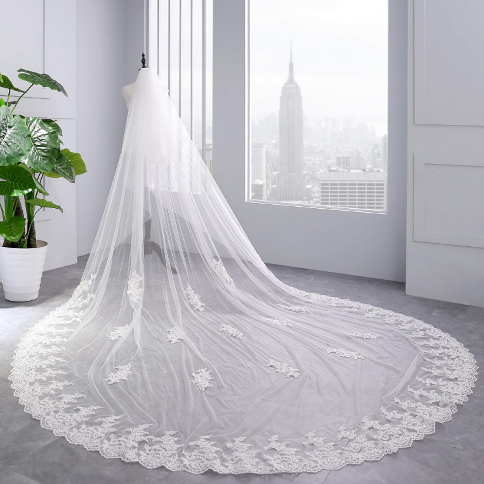 Velo da sposa doppio strato da sposa in pizzo super lungo bianco avorio con applicazioni in pizzo lunghezza bordo del nastro per accessori per capelli regalo cattedrale pettine (3,5 * 3 m), avorio (