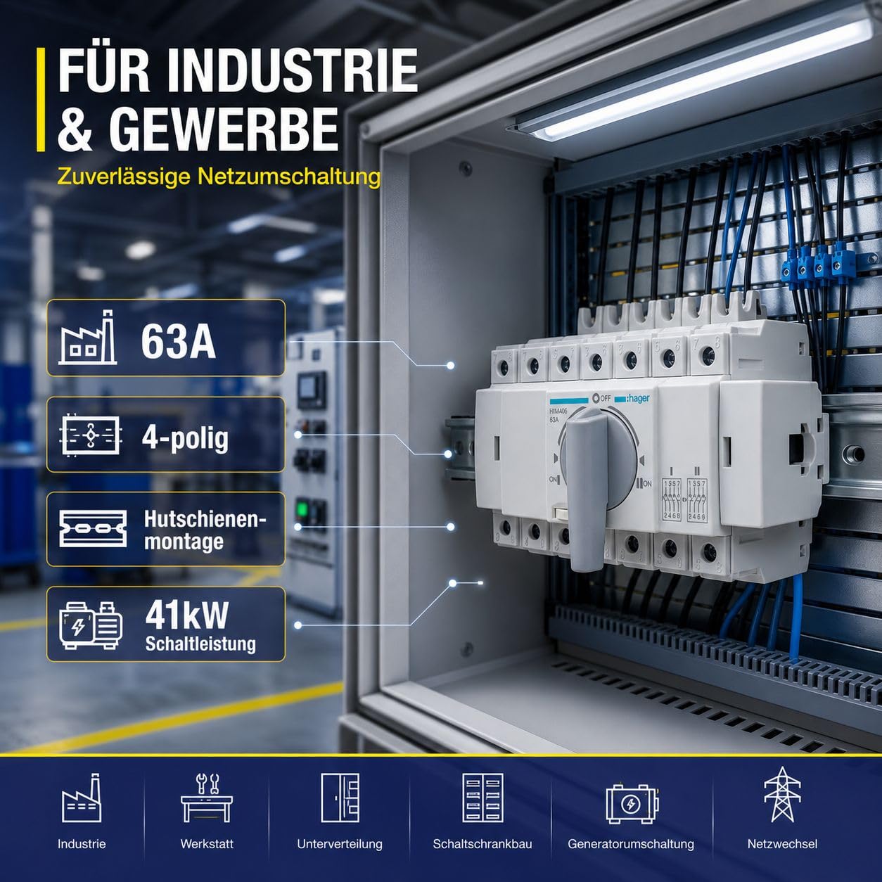 HAGER HIM406 Lastumschalter 63A 4-polig 3P+N für Hutschiene 35mm, Umschalter mit Sicherheitstrennung I-0-II, Lasttrennschalter 400V AC 41kW nach DIN EN 60947-3, 8TE Modulgerät