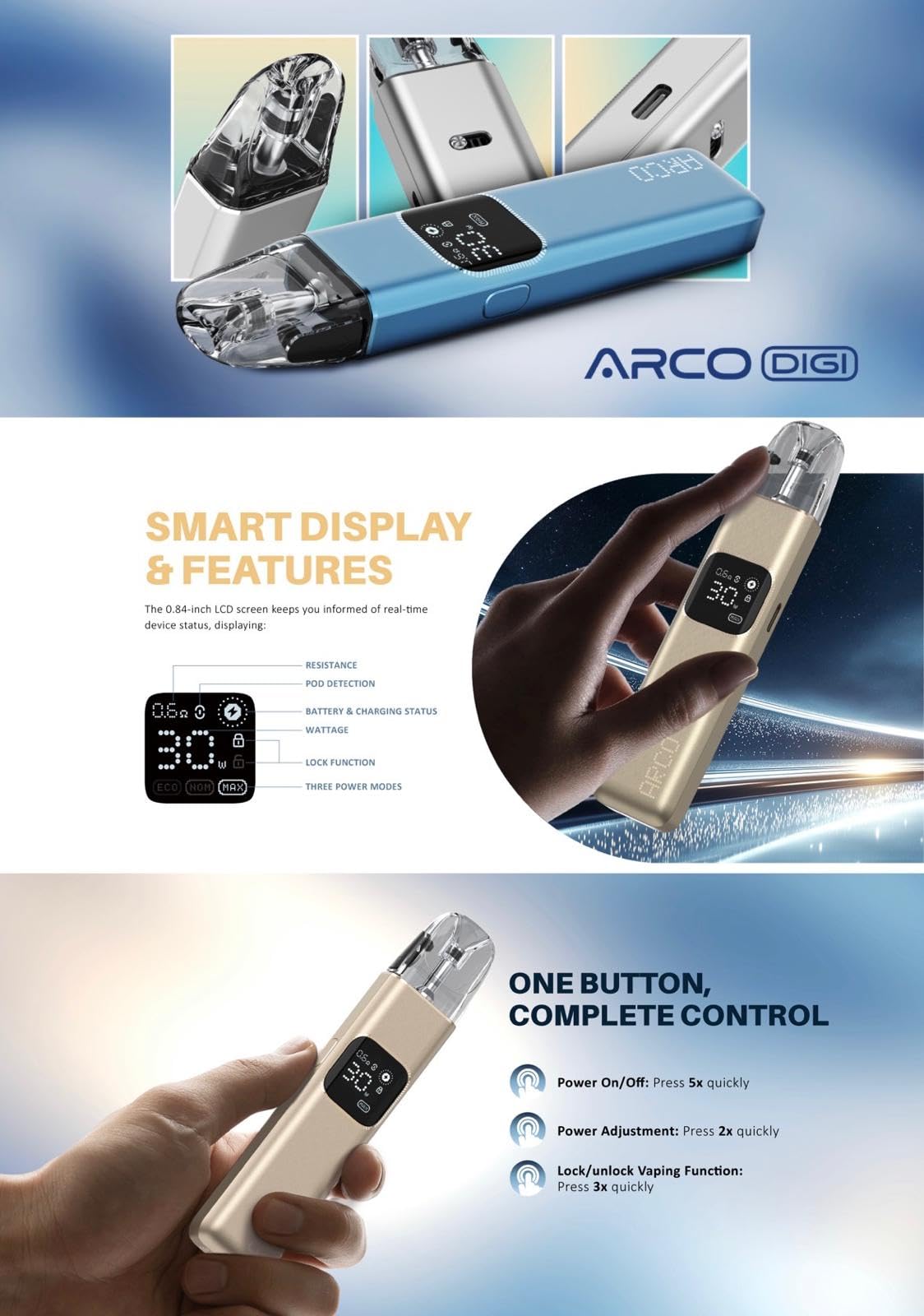 Smok Arco Digi Vape Kit - E-cigarette Starter Vape Kit, 1300mAh Battery -  COMPATIBLE POD: Arco Pod - 30W, All Vaping Style, Refillable, Inhale  Activated, Smart Mode - Nicotine Free (Black): Amazon.co.uk: