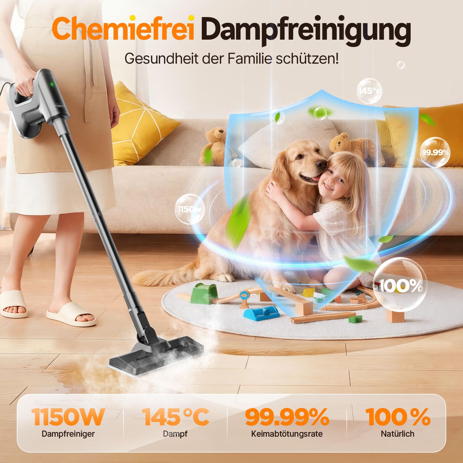 Nettoyeur Vapeur, Balai Vapeur démontable chauffe en 15s, 145℃ nettoyage à la vapeur sans produits chimiques, Steam Cleaner Portable pour Parquets Carrelages Joints Fenêtres Salles de Bains Cuisines