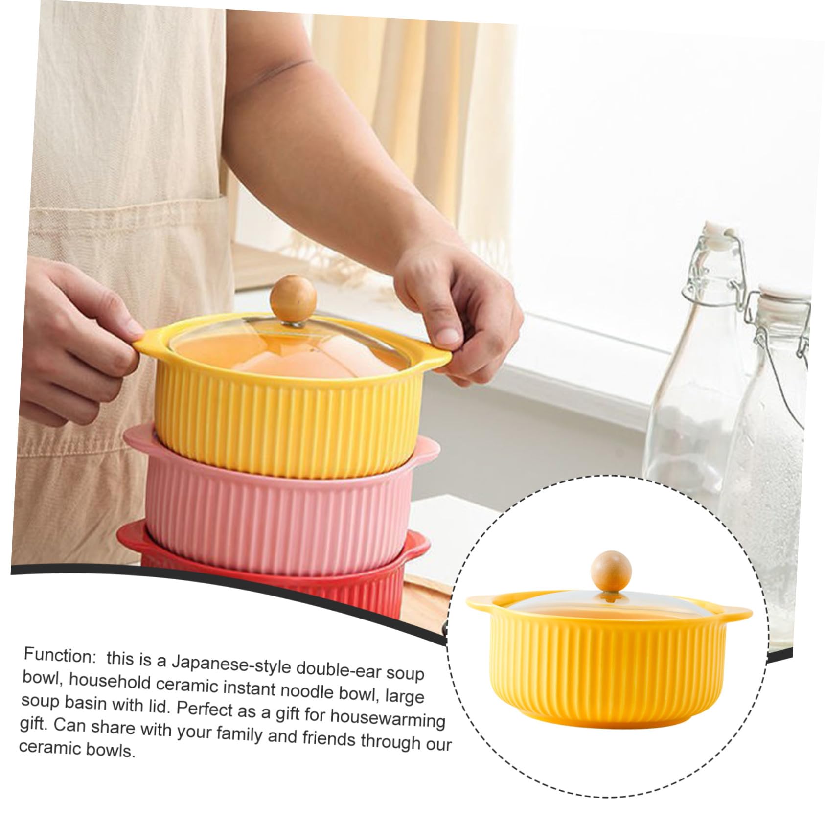 LABRIMP Tazón de Ramen Grande Asas 900 Ml de Cerámica Amarilla Tapa Diseño Japonés para Sopa y Fideos Instantáneos Uso Doméstico Restaurante y Escuela
