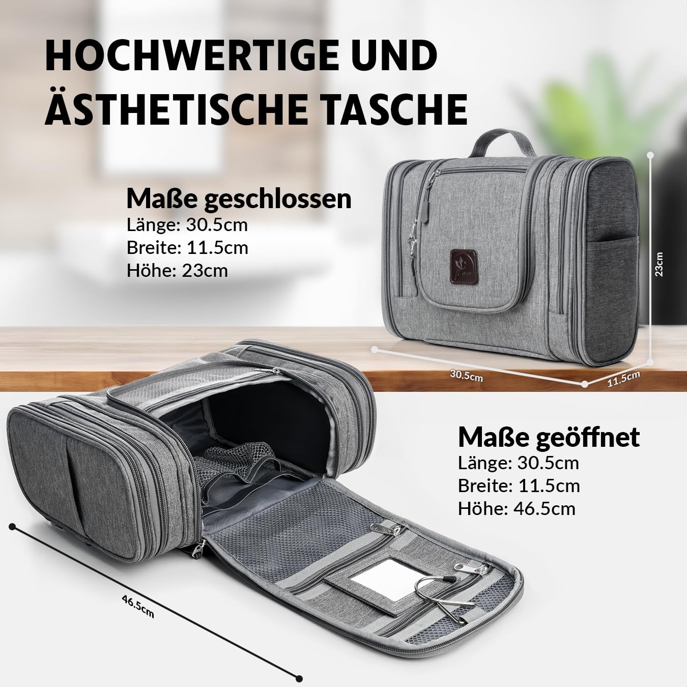 Obics Kulturbeutel Herren & Damen Gross grau 8L XL - Kulturtasche zum Aufhängen & mit Spiegel - Toiletten-Tasche mit Henkel hängend - Kosmetik-Beutel groß - Waschtasche 10 Fächer für Camping Reisen