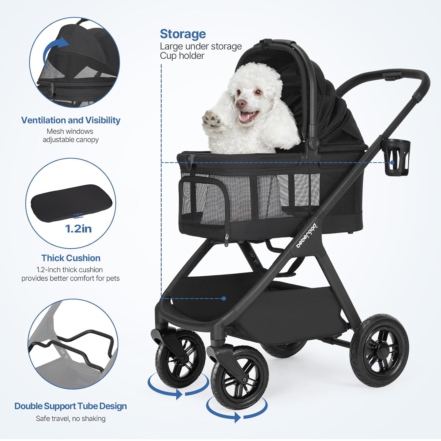 X-5 Luxury Pet Stroller for Medium Dog Under 55lbs or 2 Small Dogs & Cats, One-Touch Folding, Adjustable Handle, Detachable Carrier and Inflatable Wheels (Black & Net Wall)