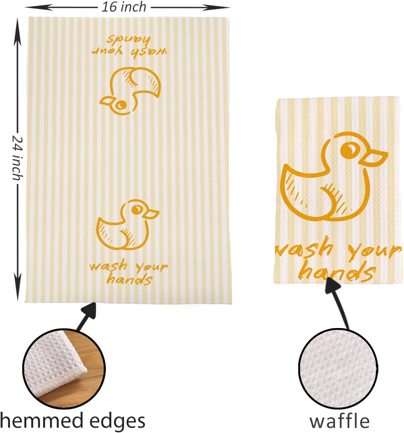 KEUSPI Kids Bathroom Decor Hand Towels, Wash Your Hands Rubber Duck Yellow and White Striped Decorative Hand Towels for Bathroom Washroom Restroom, 16x24 Inch