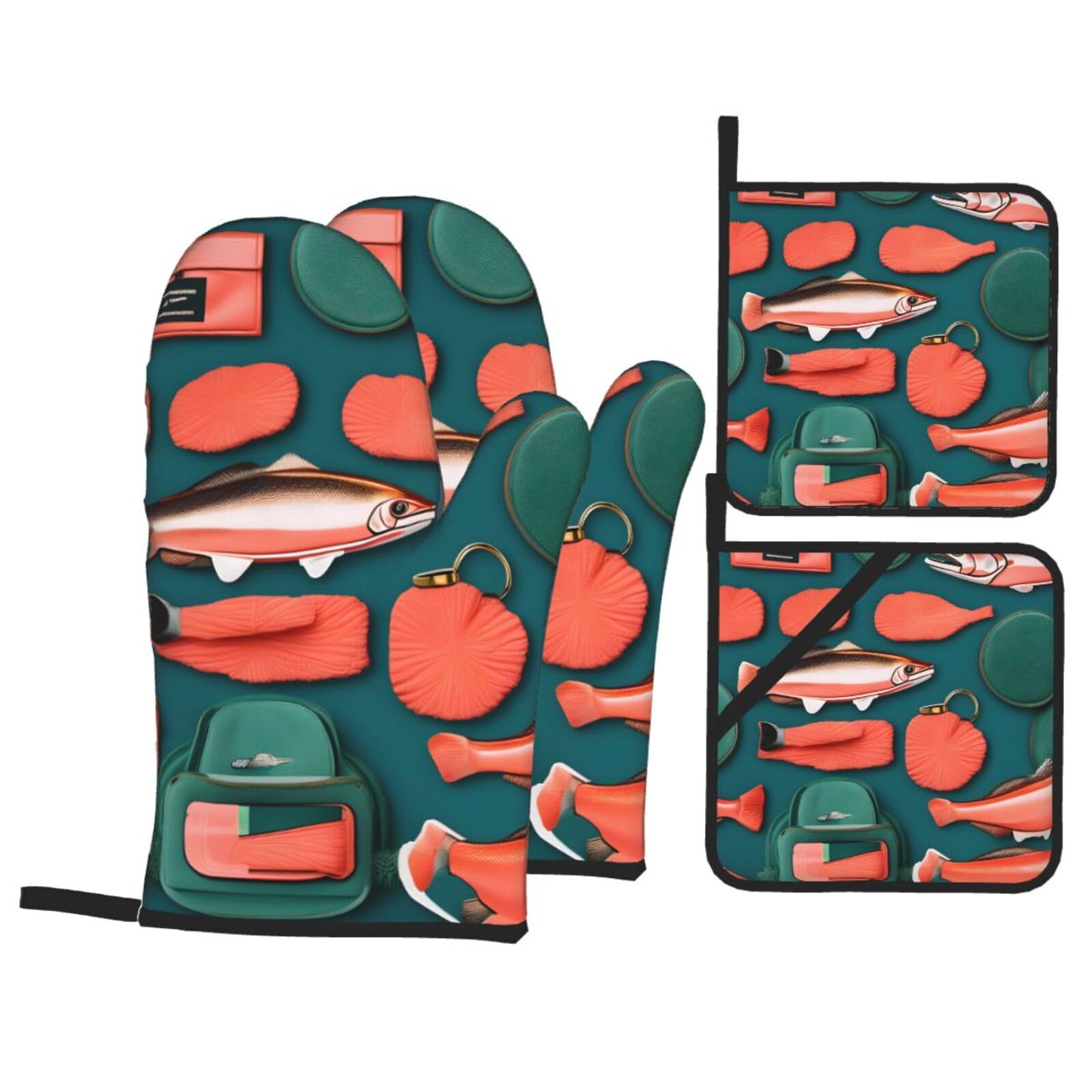 Salmon pattern Print 4-Piece Oven Microwaving Set Kitchen Gloves for Holiday Cooking Baking Grilling