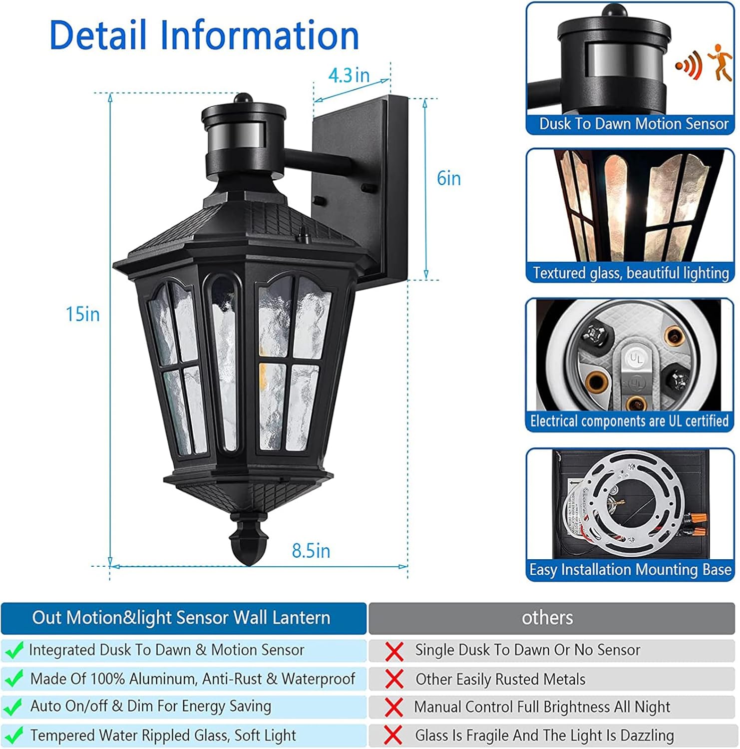 Outdoor Wall Light Fixture Porch Light with Motion and Dusk-to-Dawn Sensors, Waterproof Anti-Rust Aluminum Sconce with Tempered Water Ripple Glass, for House Garage Porch