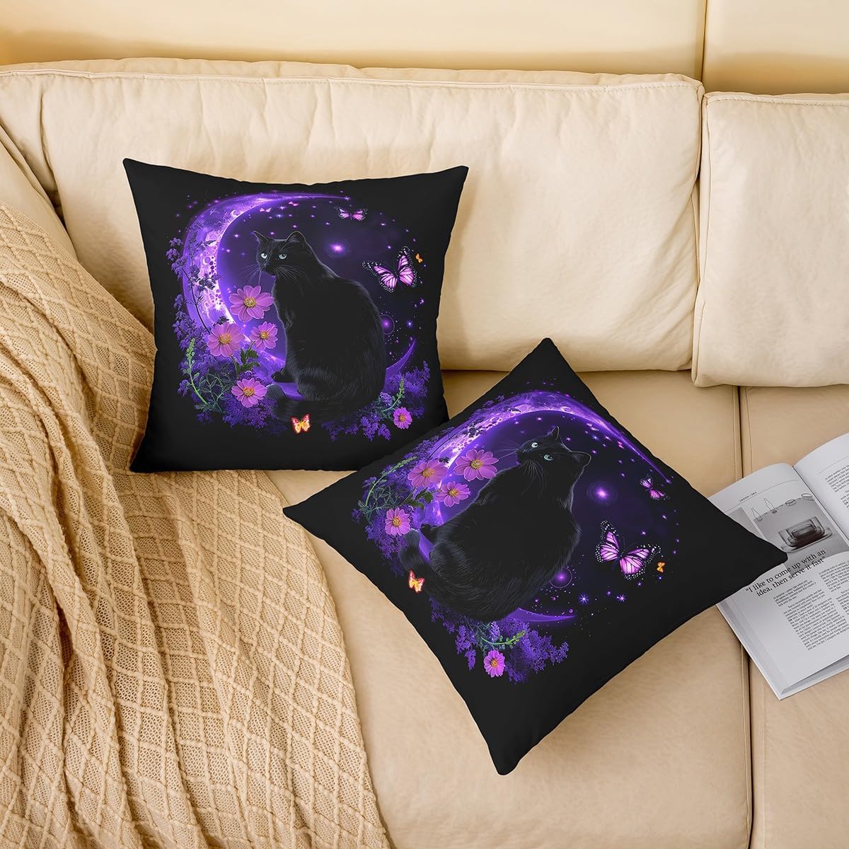 Cute Cat Double Sides Print Pillow Covers 16"x16",Purple Flowers Butterfly Pet Animal Pillowcase Soft Square Cushion Cases,Moon Night Starry Sky Black Throw Pillow Covers,Set of 2 image 2