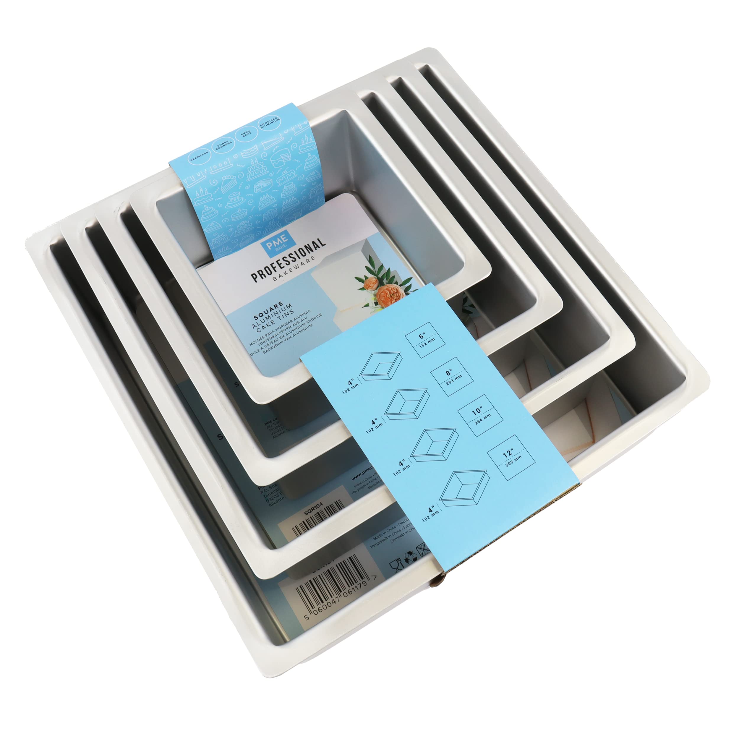 PME Moldes Cuadrados de 15, 20, 25, 30 cm x 10 cm de Altura, Juego de 4