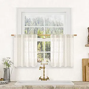 LAMIT Kitchen Semi Sheer Linen Curtains 24 Inch Long, Light Filtering Panels Back Tab and Rod Pocket Neutral Drapes for Cafe/Bathroom/Small Window, Cream, 2 Panels, 34 x 24 Inch