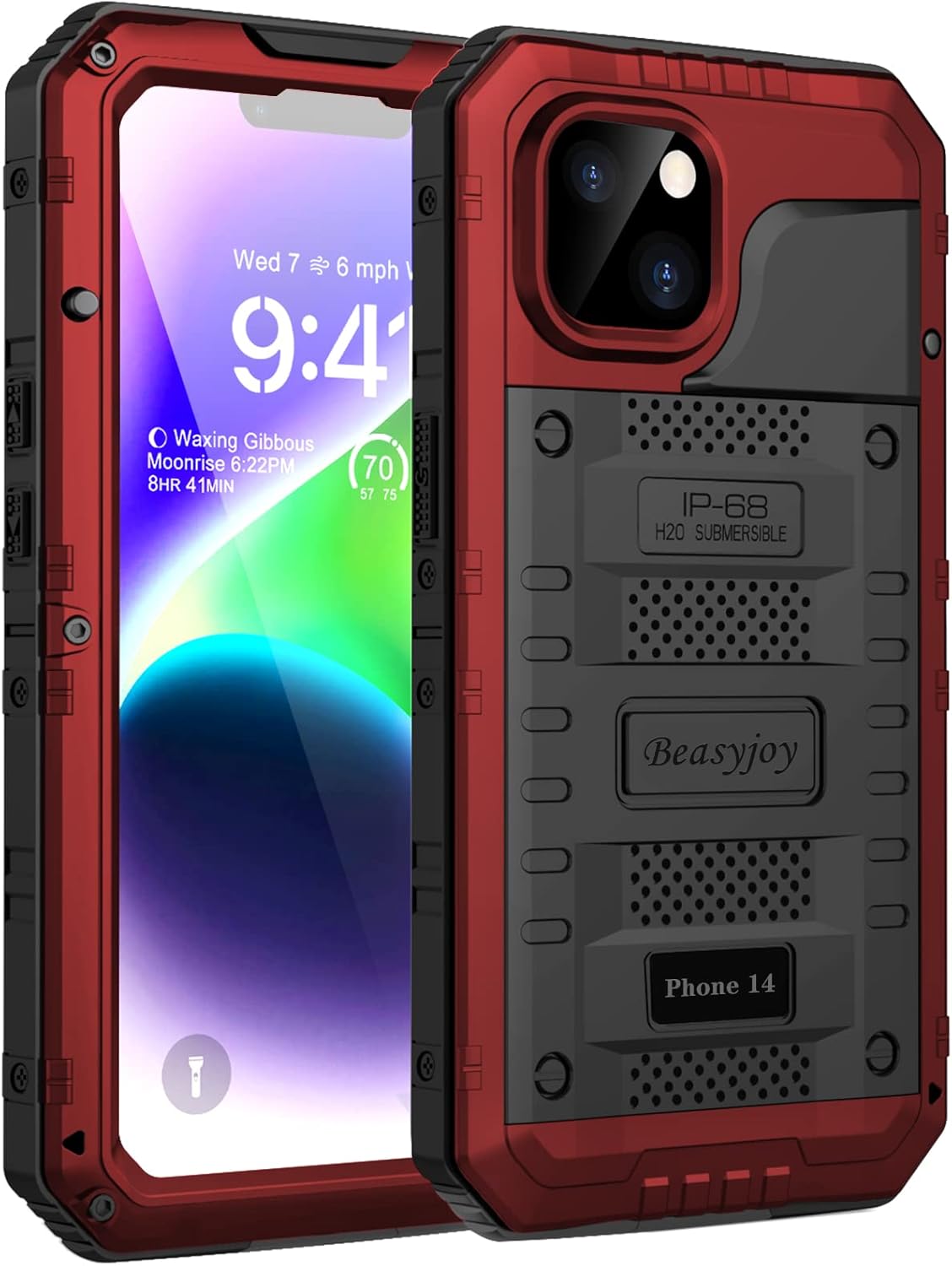 Beasyjoy for iPhone 14 Case Waterproof, Metal Heavy Duty Full Body Protective Case with Built-in Screen Protector, Military Grade Shockproof Dustproof Defender Rugged Cover 6.1 Inch, Red
