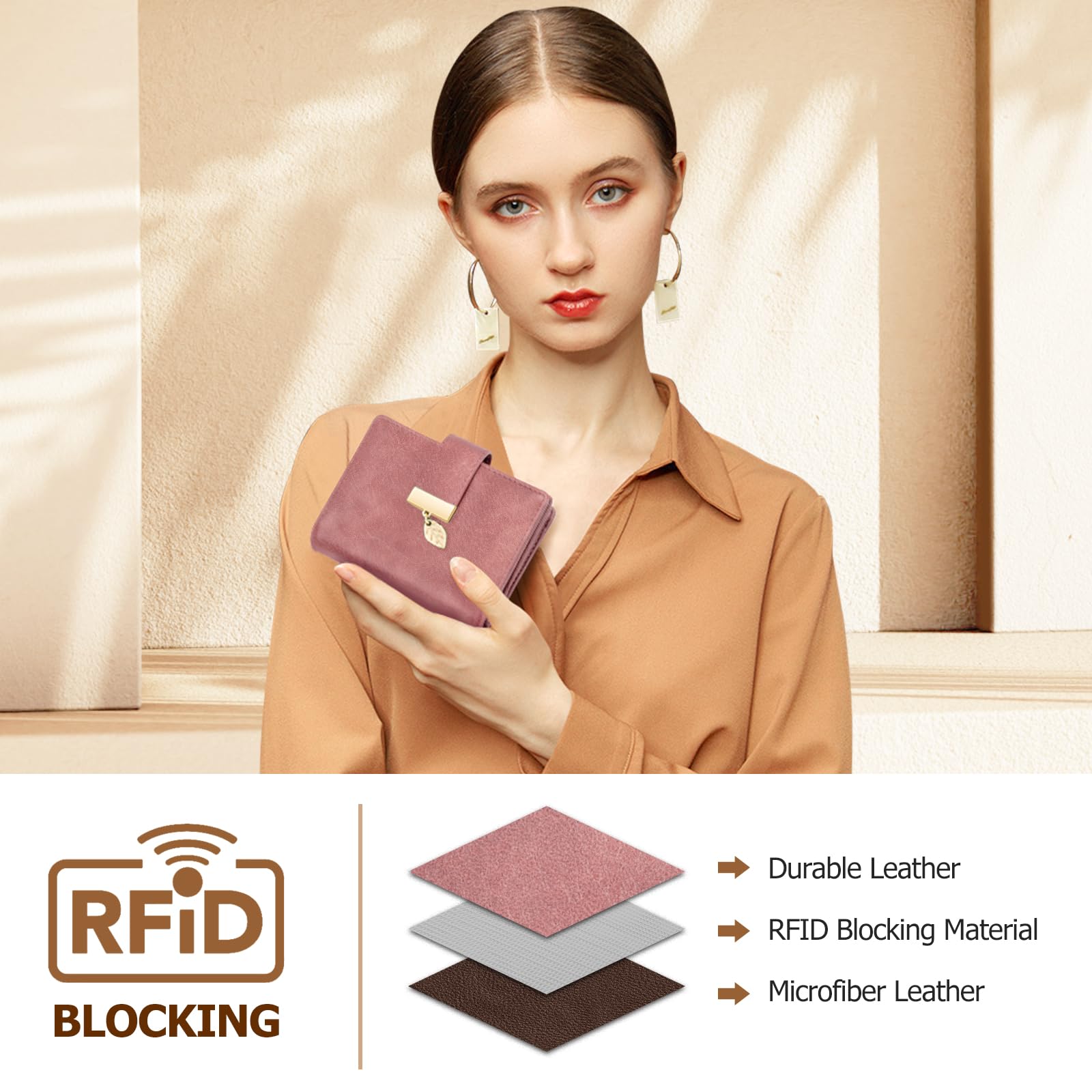 Cartera Mujer Pequeña, Monederos Mujer en Cuero PU con Bloqueo RFID, Carteras de Mujer Gran Capacidad con 14 Ranuras Tarjetas y Bolsillo con Cremallera Billeteras para Mujeres (Rosa)