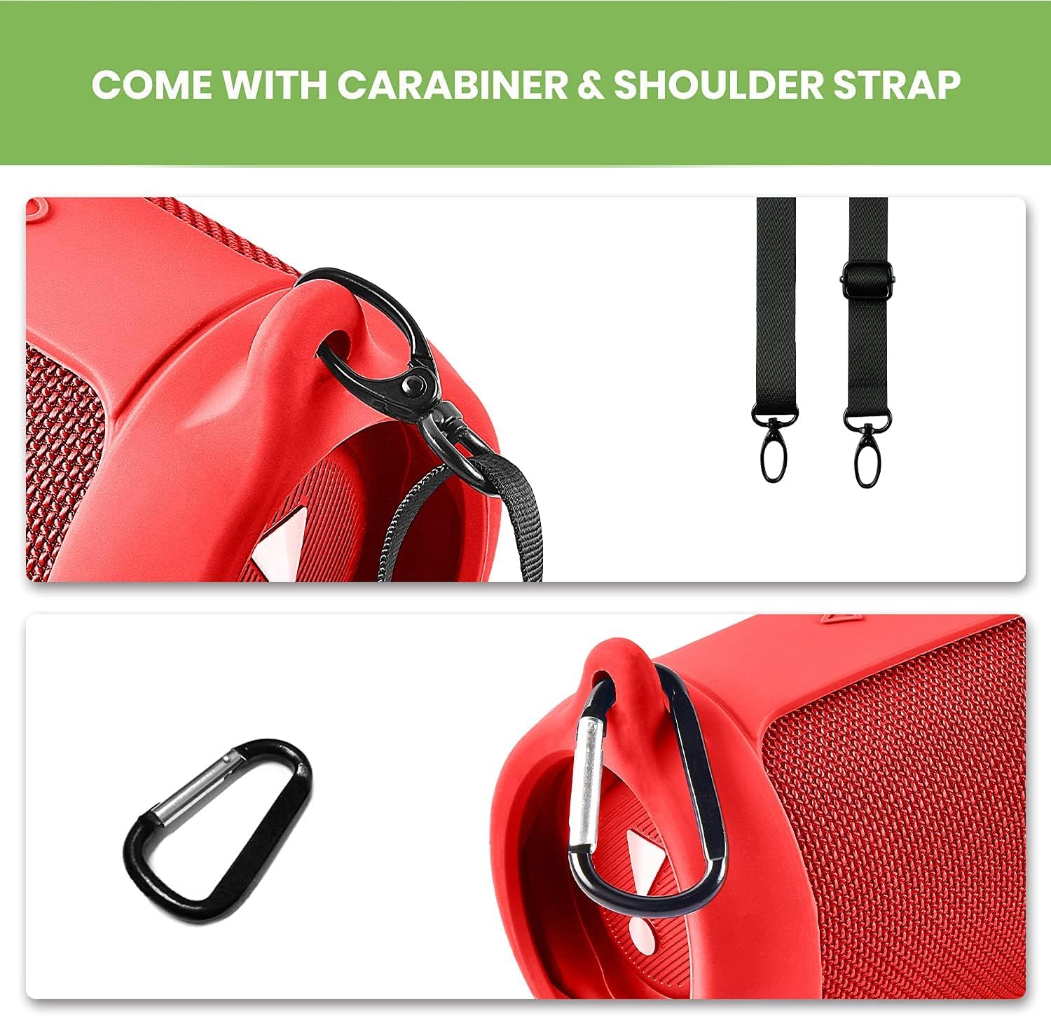 Silicone Cover Case for JBL Charge 5 Portable Bluetooth Speaker, with Shoulder Strap & Carabiner for Outdoor Traveler/Music Lover, Beach, Pool, Cycling, Hiking, Camping, Protective Pouch Only (Red) - Image 4