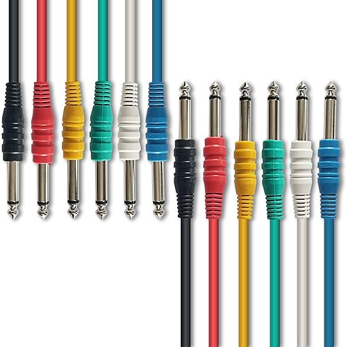 AxcessAbles 1/4 (0.250 in) TS a 1/4 (0.250 in) TS desequilibrados mono multicolor, paquete de 6 cables de conexión (3 pies) para engranajes fuera de