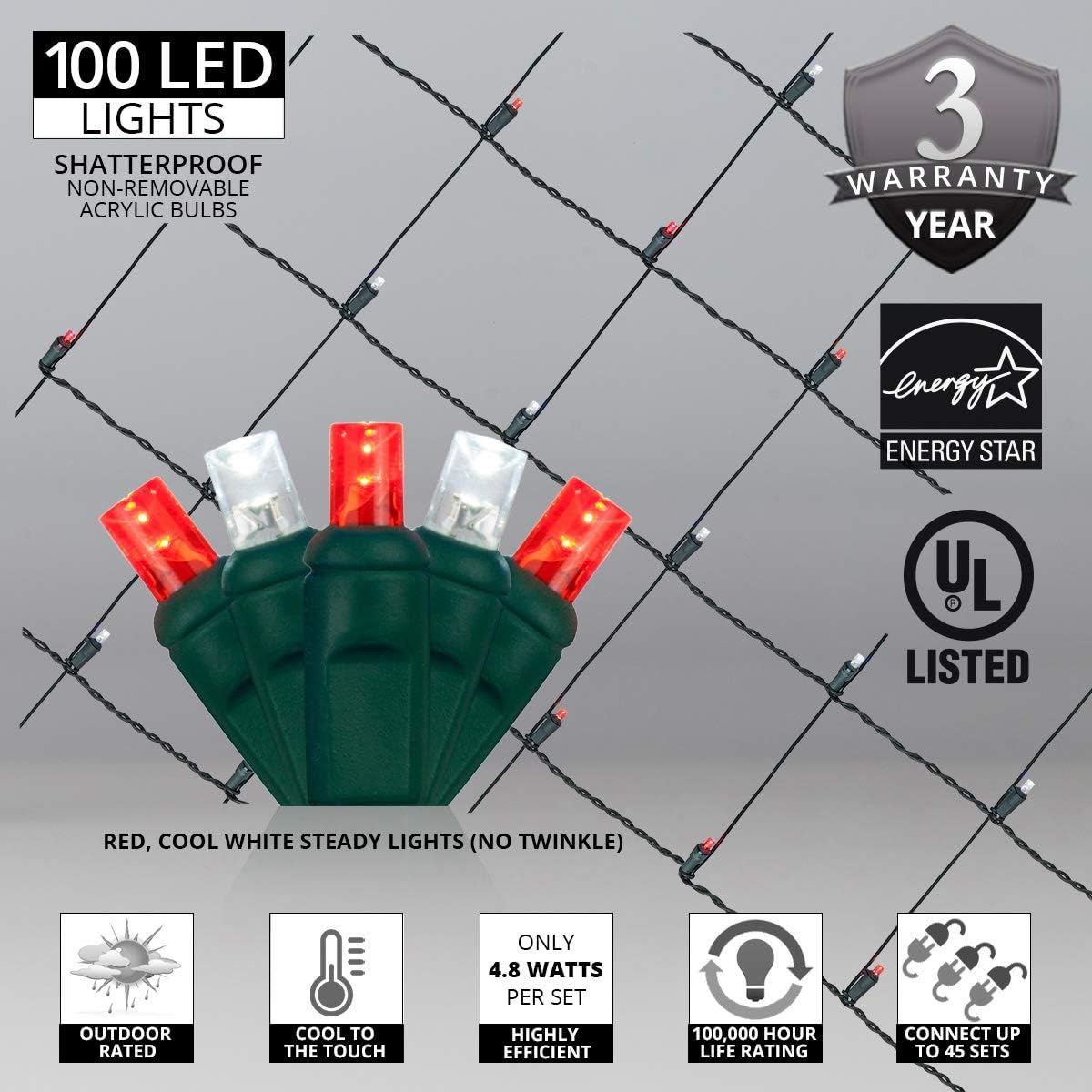 Wintergreen Lighting LED Net Lights - Outdoor Holiday Decorative Christmas Lights for Hedges, Set of 100 (Red and White)