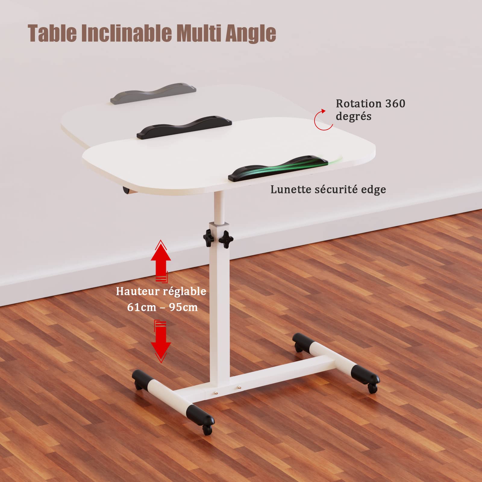 Table de Lit Roulette, 60 x 40 cm, Table d'appoint légère, Table Roulette Hauteur Réglable 61-95CM, 360° Bureau D'ordinateur Levage Rotatif pour Bureau, Salon, Maison