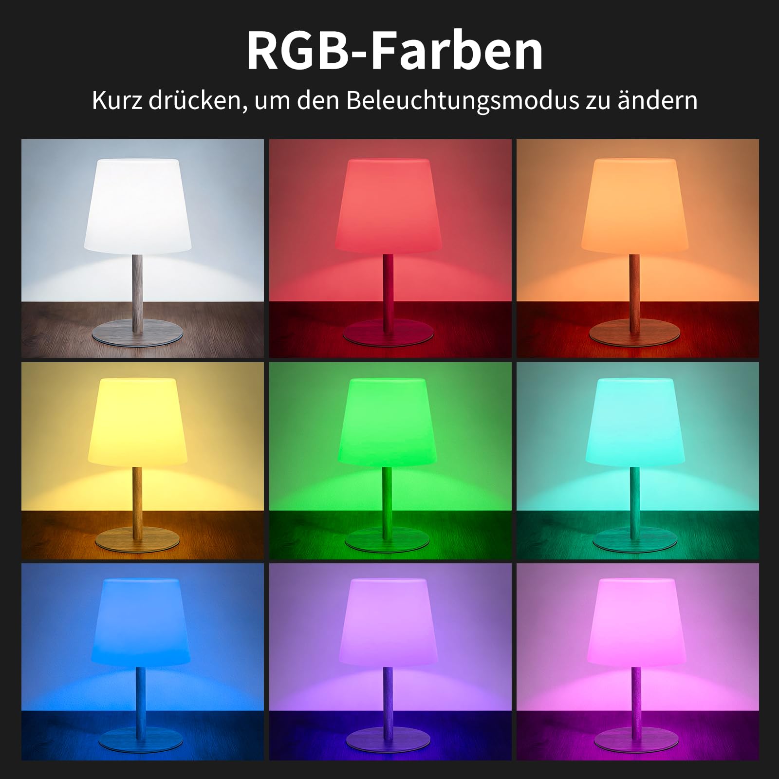 2er Set kabellose Tischlampe mit Fernbedienung, IP64 spritzwassergeschützt, Weißlicht bis 130 lm + RGB, 4000mAh Akku, 2 Höhen 27/41cm, stufenlos dimmbar, Timer, für innen & außen