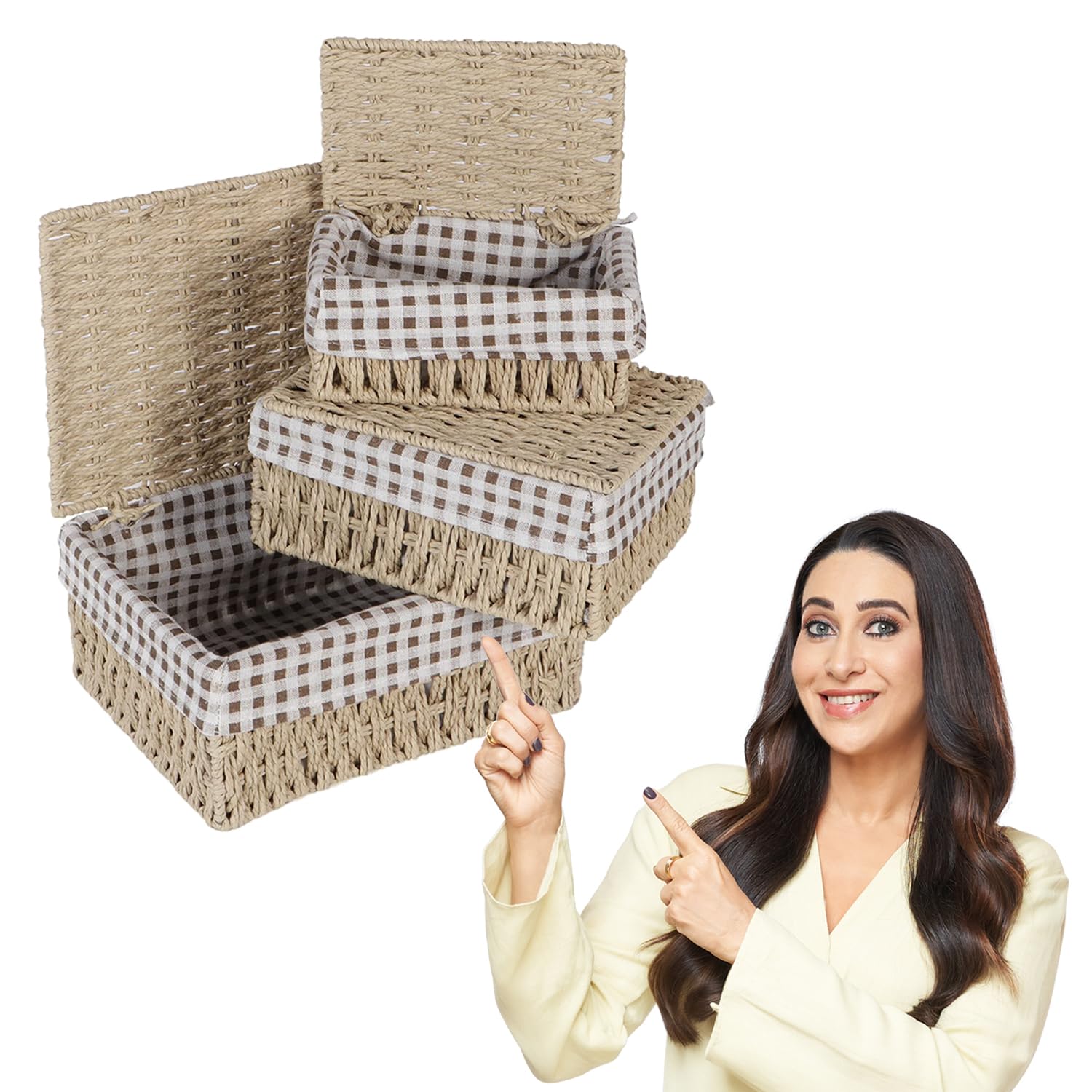 HOKIPO Canastas de mimbre de cuerda de papel ecológicas con tapa, paquete de 3, beige (AR-3905-BGE)