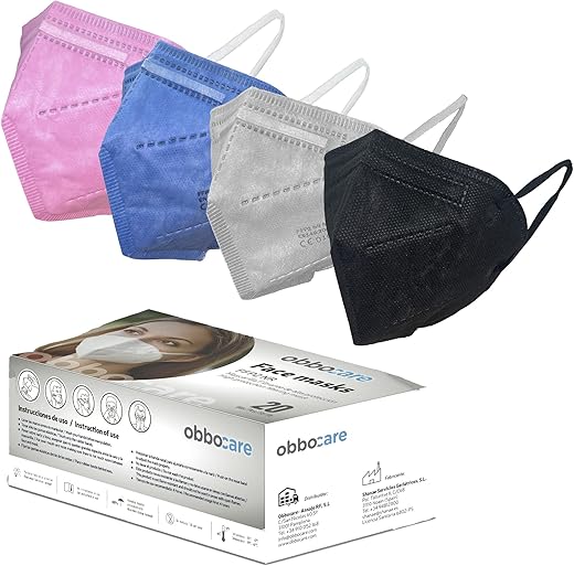 Obbocare - Mascarillas FFP2 Con 5 Capas. Mascarilla FFP2 Homologada Con Certificado CE. Negro, Gris, Azul y Rosa. Envasadas Individualmente. Fabricadas En España. Caja De 20 Uds, 5 De Cada Color