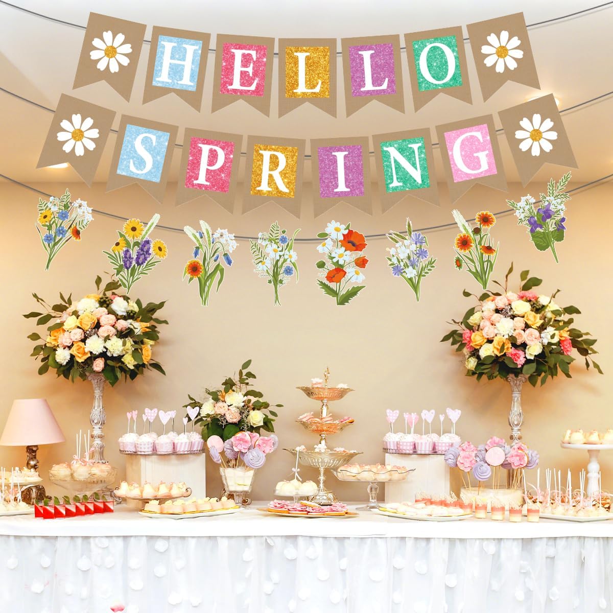 Hello Spring Party Decorations: Flowers Banners, 'Hello Spring' Banners, Spring Theme Party Supplies