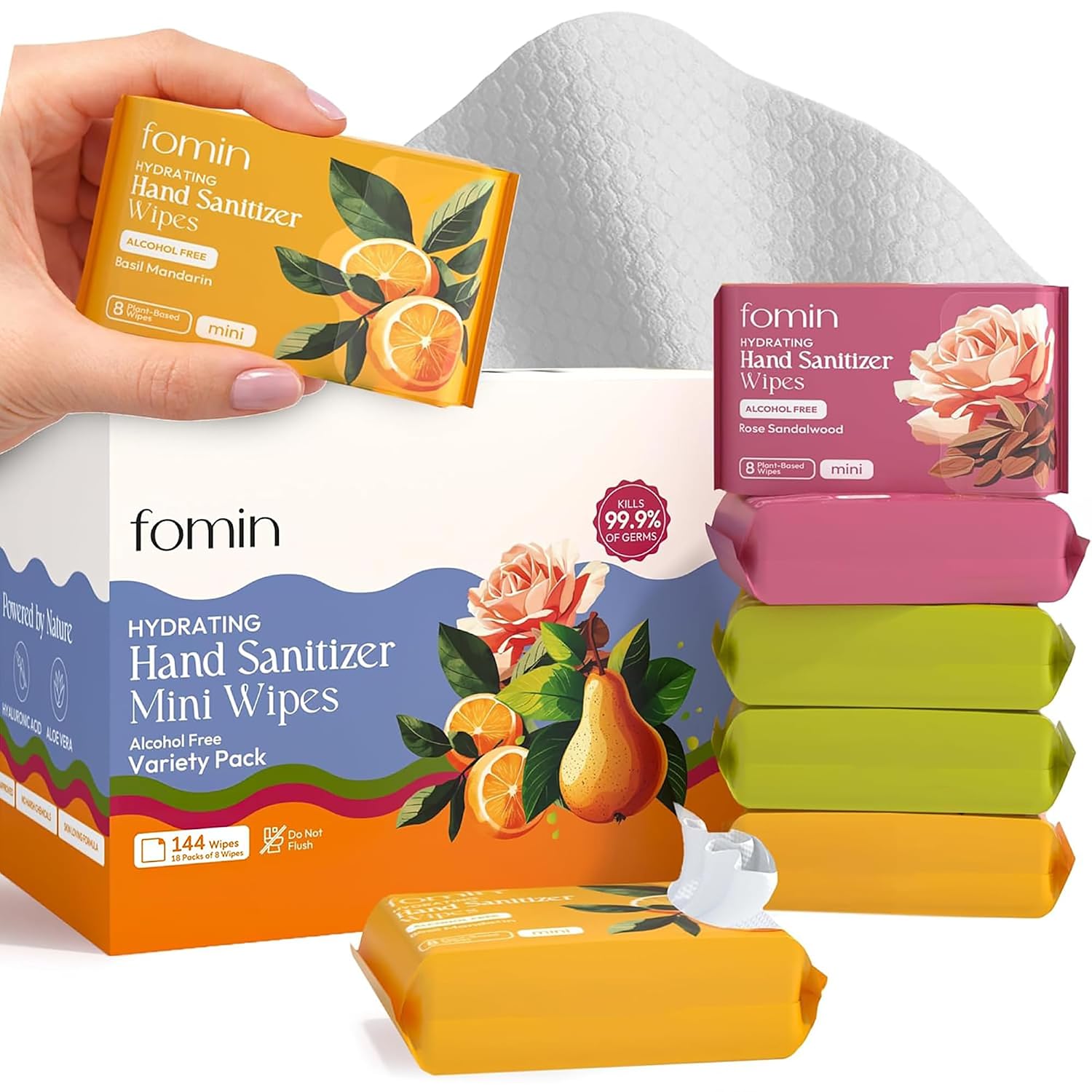 Fomin Mini Hand Sanitizer Wipes 18 Pack (8 Count) - Variety Pack Mini Wet Wipe - pH Balanced, Biodegradable On The Go Hand Sanitizing Wipes - Hypoallergenic, Plant-Based Travel Wipe