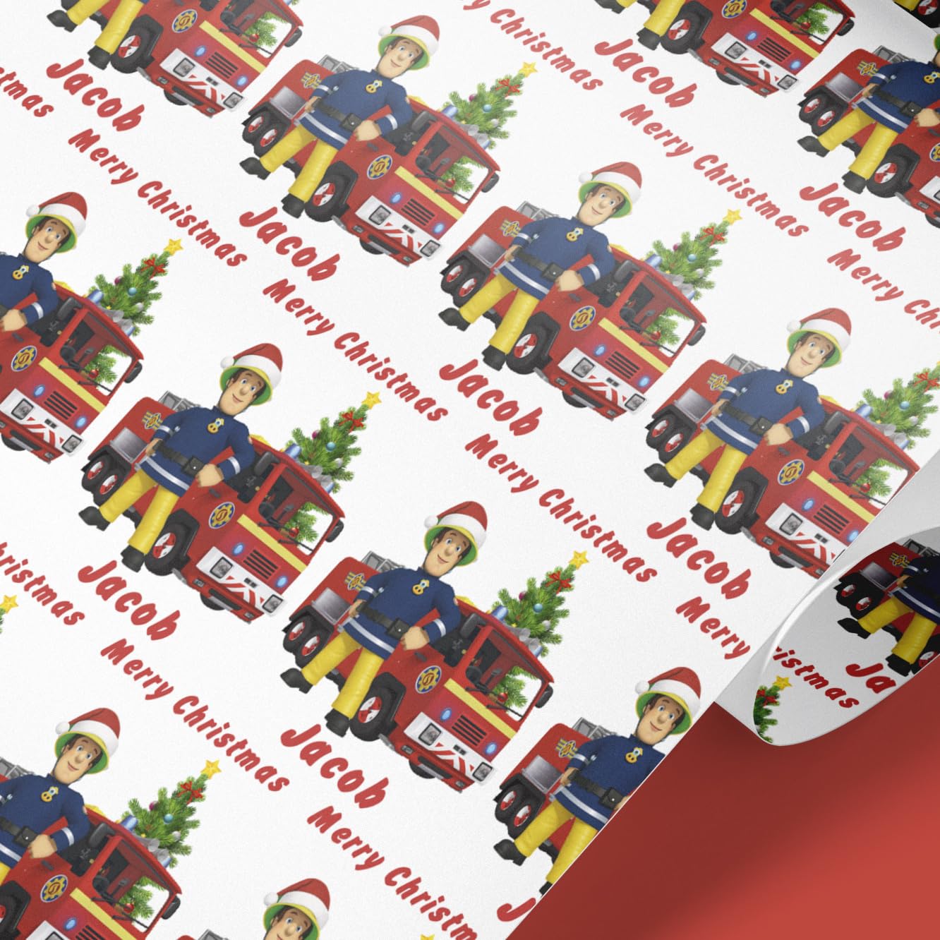 Personalised Firefighter Christmas Wrapping Paper Roll – Custom Name, Festive Fire Engine Design, 61cm Wide, 1m–8m Continuous Roll, Matte 100gsm, Kids Gift Wrap, UK Made (White, 2mt)