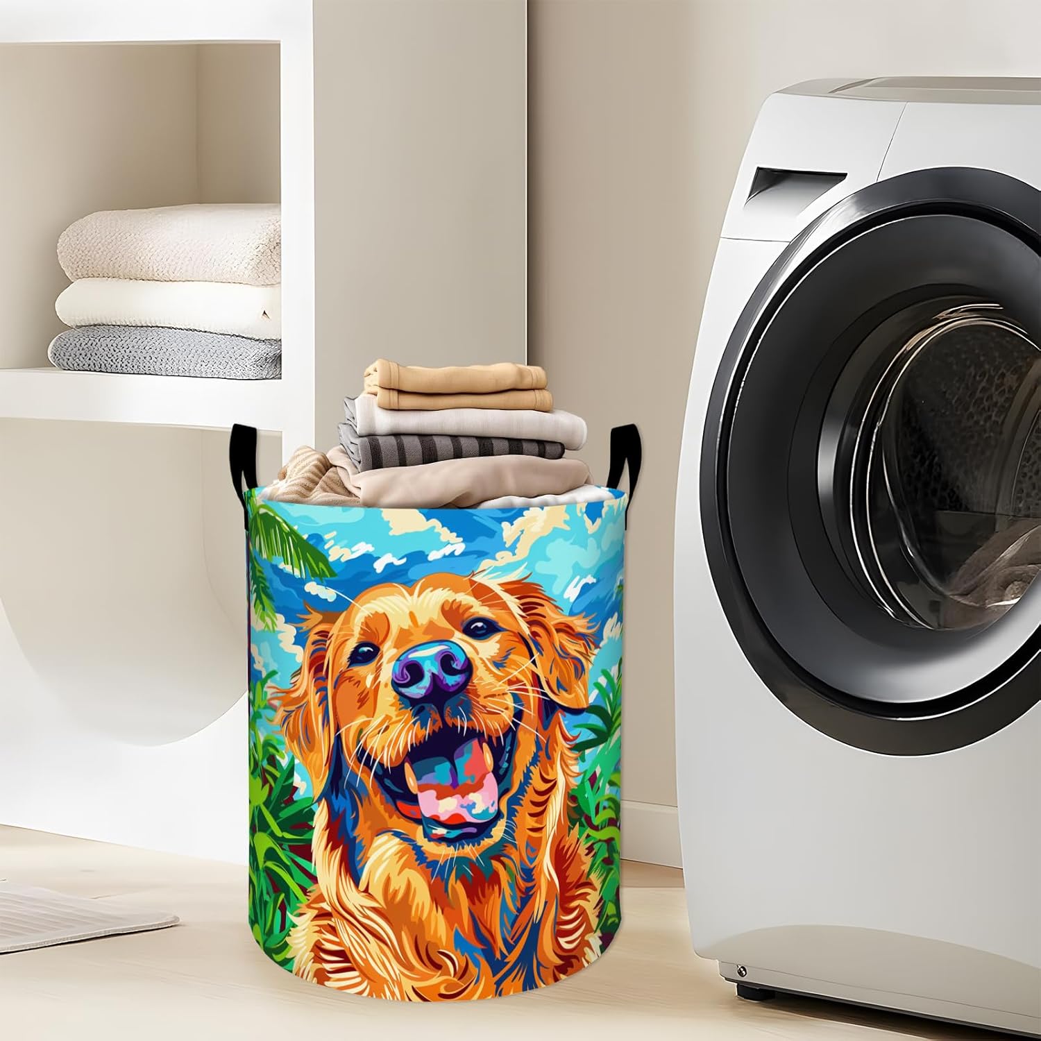 Vibrant Happy Golden Retriever Portrait Laundry Basket with Handles, 19.7"x15.7" Clothes Foldable Laundry Hamper Organizer for Dorm Nursery Bedroom Bathroom Decor, Toy Storage Bin for Kids
