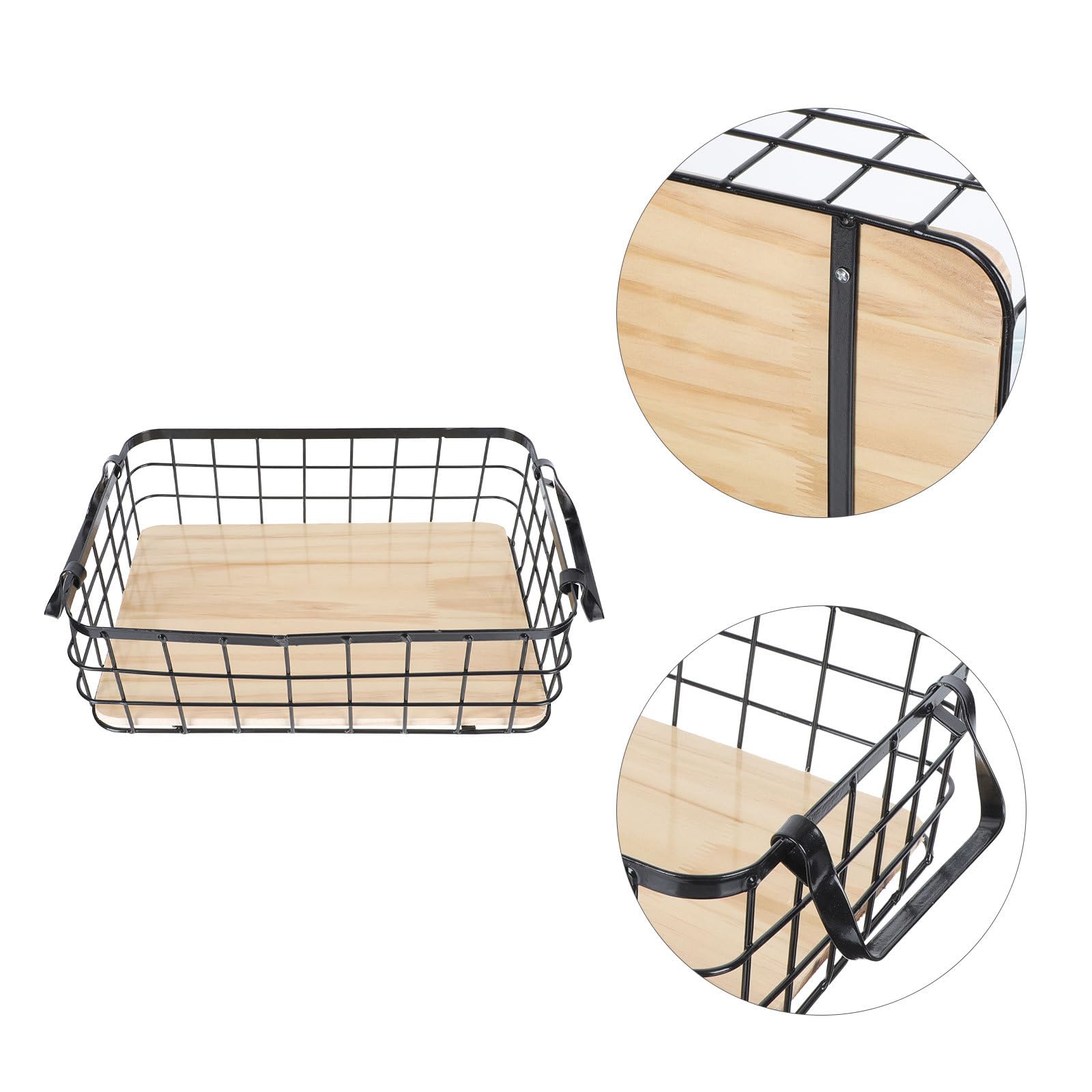 Hemobllo Schwarzer Aufbewahrungskorb aus Eisen mit Holzsockel Kleiner Rechteckiger Küchenkorb 32x22x11cm für Obst und Snacks Multifunktionaler Haushalts Organizer mit Tragegriffen
