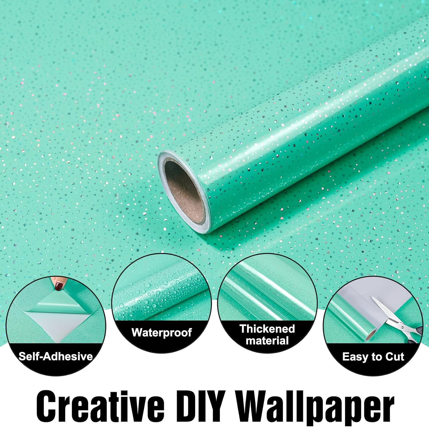 Teal Contact Paper with Holographic Glitter - 15.7”x275” Peel and Stick Wallpaper Waterproof Vinyl for Kitchen Countertops & Cabinets image 2