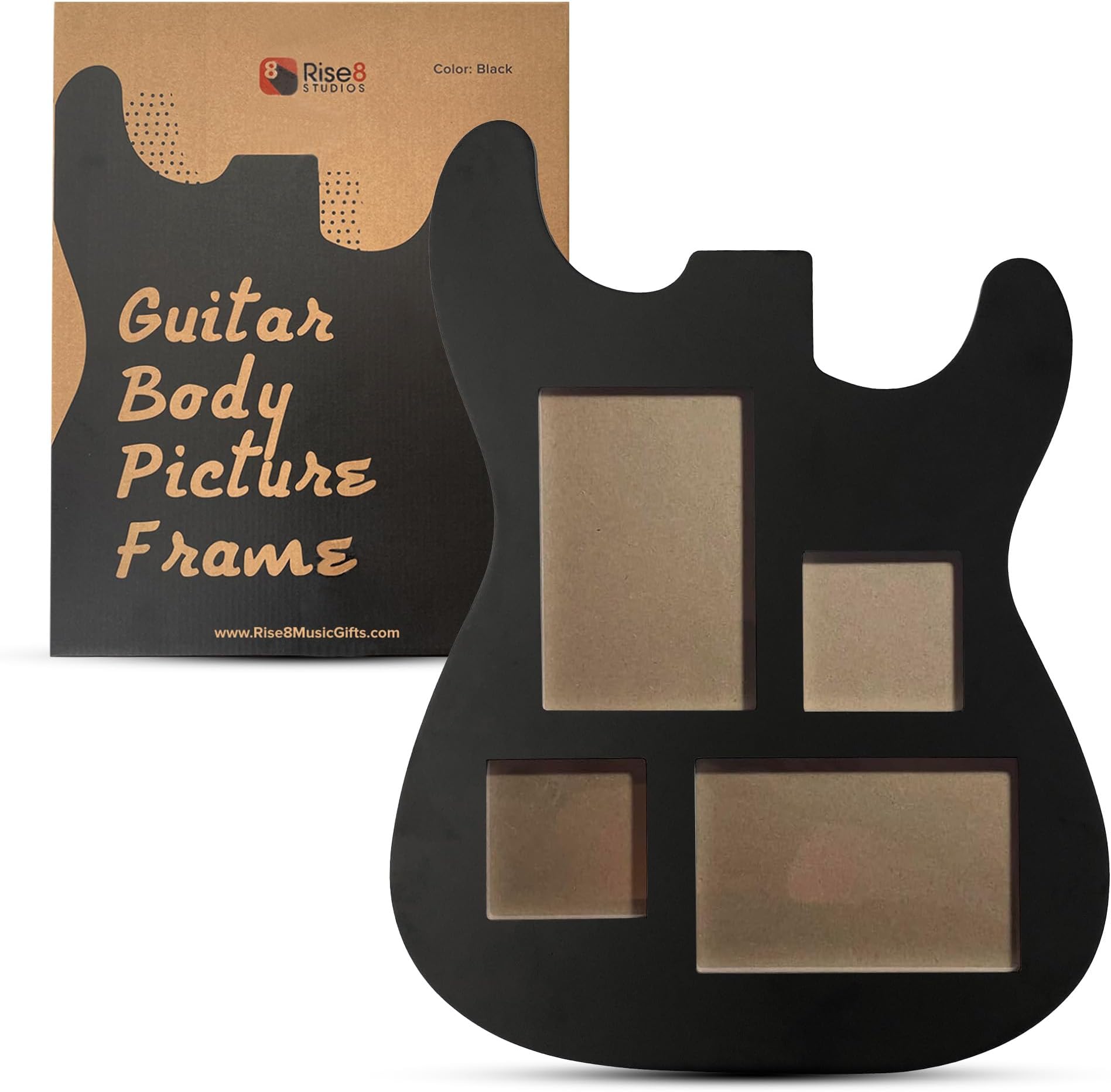 Guitar Body Multi-Photo Frame - Holds 4 Pictures (Two 4x6, Two 3x3), Durable MDF Wood, Shatterproof Acrylic - 3 Colors - Unique Musician Gifts, 3-Way Wall Mount (Black)