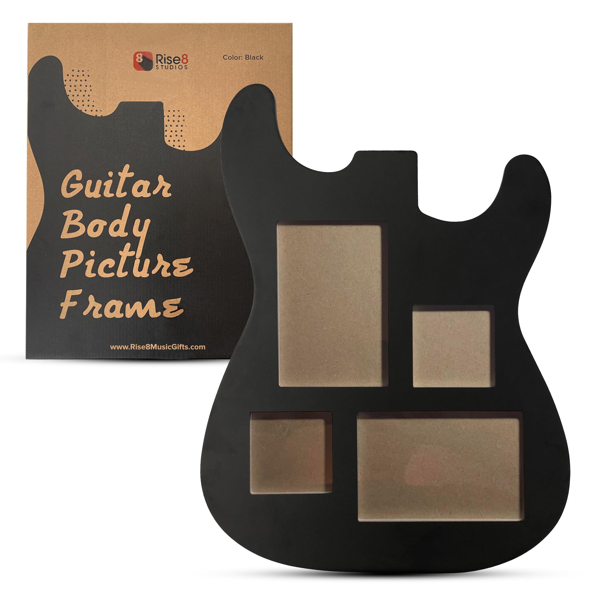 Guitar Body Multi-Photo Frame - Holds 4 Pictures (Two 4x6, Two 3x3), Durable MDF Wood, Shatterproof Acrylic - 3 Colors - Unique Musician Gifts, 3-Way Wall Mount (Black)