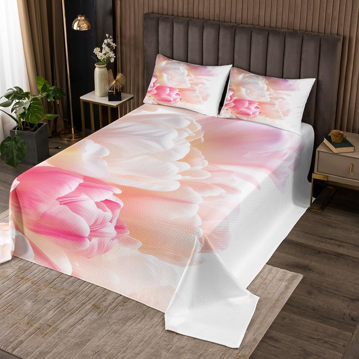 Erosebridal Pink White Tulip Quilt Set Romantic Dreamy Tulip Queen Bedspread Sets for Girls,Pastel Spring Flowers Coverlet Sets for Kids Teen Women,Watercolor Garden Floral Bedding Set