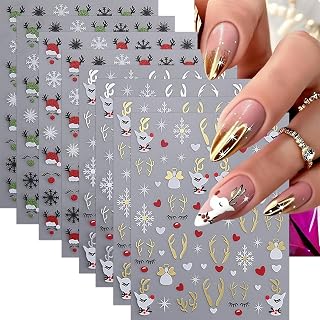 8Sheets White Snowflake Nail Art Stickers - Winter Christmas Decals with Glitter Deer Head Hats & Reindeer Antlers for Manicure Nail Decor